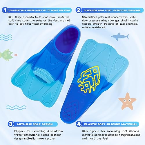 Miniatura 2 de Aletas de entrenamiento de natación para niños, cómodas aletas cortas de silicona para aletas de natación, tamaño de viaje para niños con bolsa de