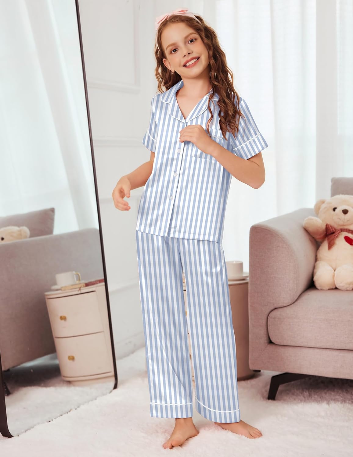 Arshiner Girls Pajamas Silk Satin Button Down Pjs 2 Piece Short Sleeve Sleepwear Set - Image 7