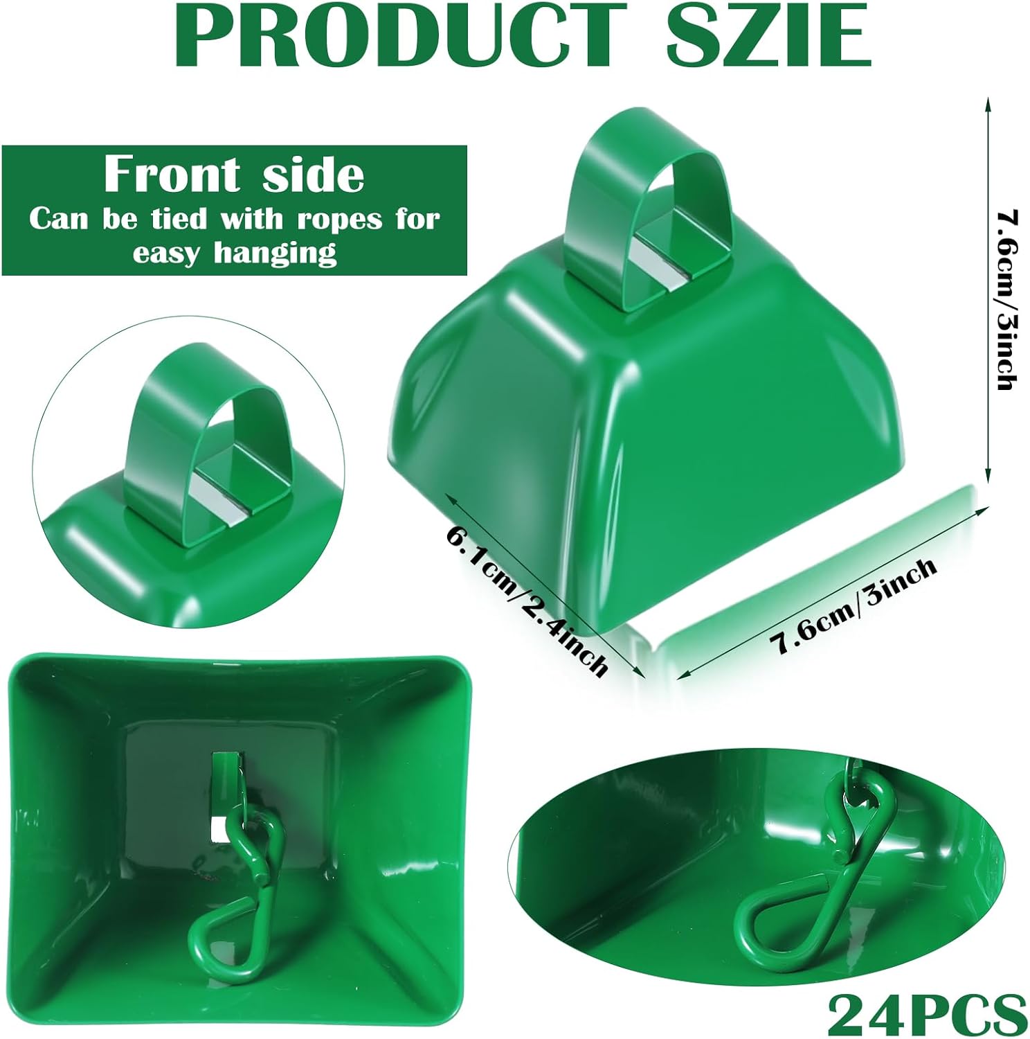 24 Pcs Metal Cowbells, 3 Inch, Green Cow Bells for Sporting Events, Cheering, Spirit, Loud Cow Bell Ideal Hand Percussion Cowbells Noise Makers for Sporting Events, Football Games, and Celebrations