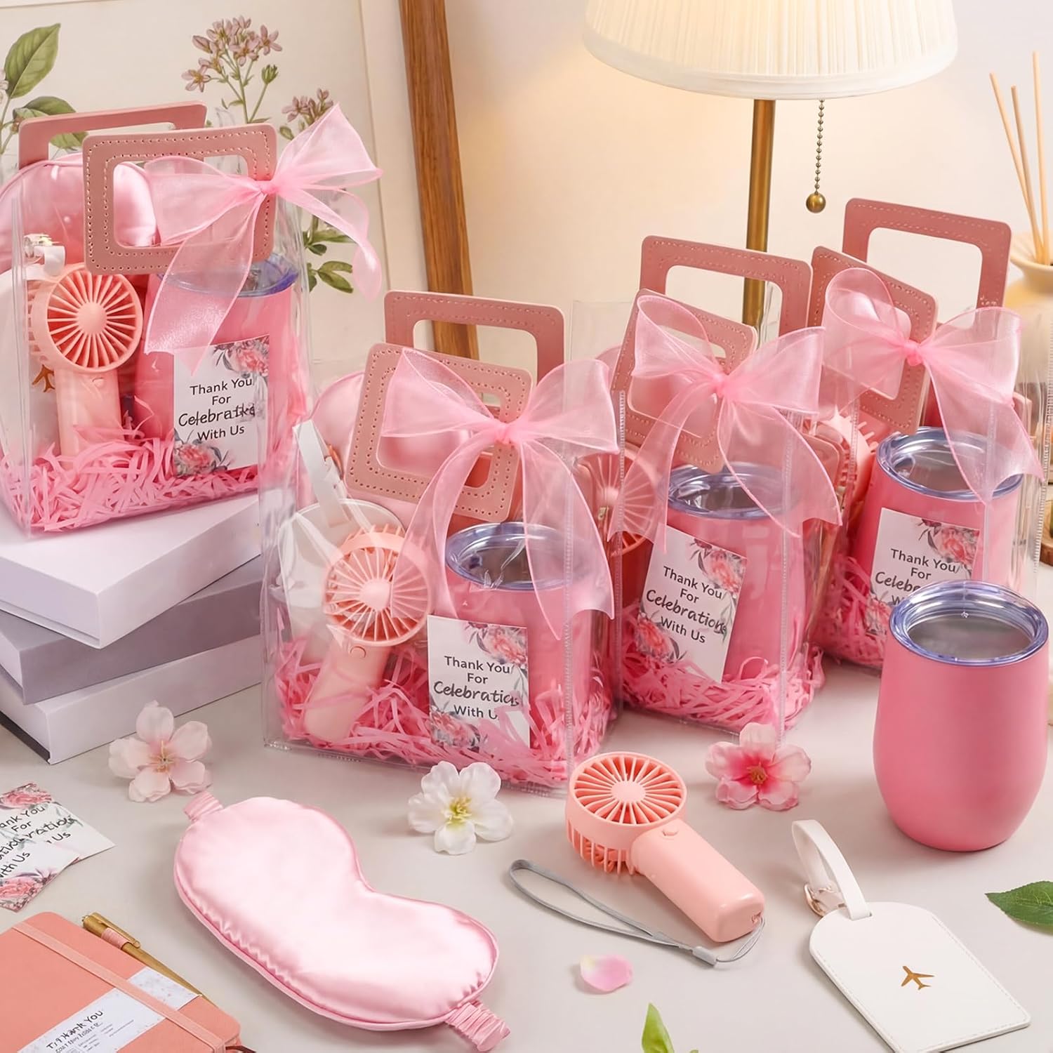 Talltalk 6 Sets Baby Shower Prizes for Game Wedding Bridal Shower Winners Gifts Guest Favors Luggage Tag Handheld Fan Cup Notebooks Silk Eye Mask Ballpoint Pen Card Bags(Pink)