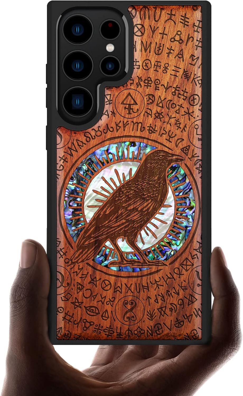 Carveit Designer Wooden Case for Samsung Galaxy S23 Ultra Cover [Wood Engraving & Shell Inlay] Unique Wooden Anti-Drop Design Compatible with Wireless Chargers Galaxy S23 Ultra (Raven-Rosy)