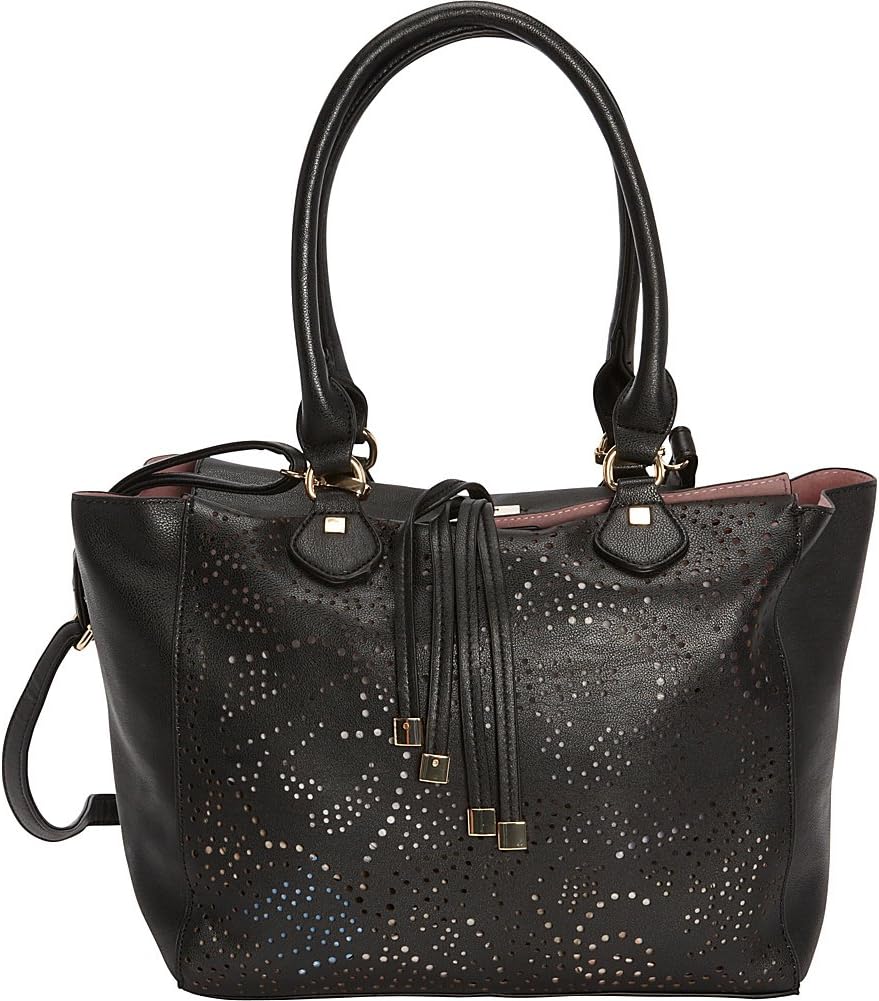 Latique Seraphina Perforated Design Tote Bag Purse Handbag (Black)