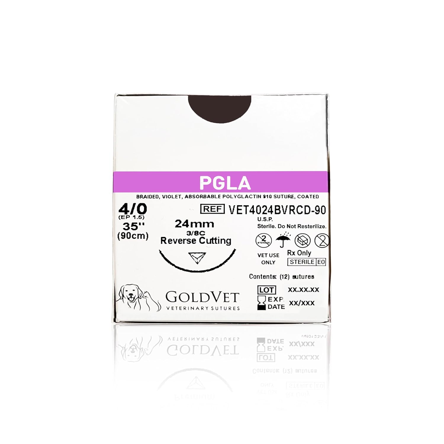 Polyglactin 910 Veterinary Suture 4-0, 3/8 Round 24mm Reverse Cutting Needle (Comparable to Vicryl), 35"