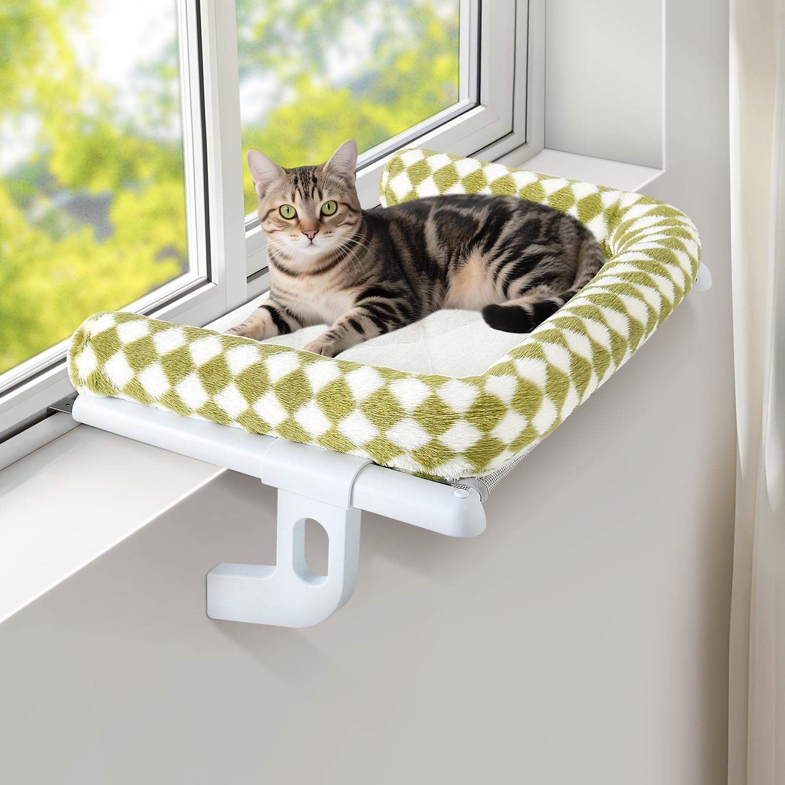 GUUSII HOME Cat Hammock Window Perch Seat Kitten Hanging Bed Windowsill for Indoor Large Pet Shelf Sturdy Kitty Lounger Washable Cushion Easy to Assemble No Drilling Hold 18kg 63 * 38cm(Green