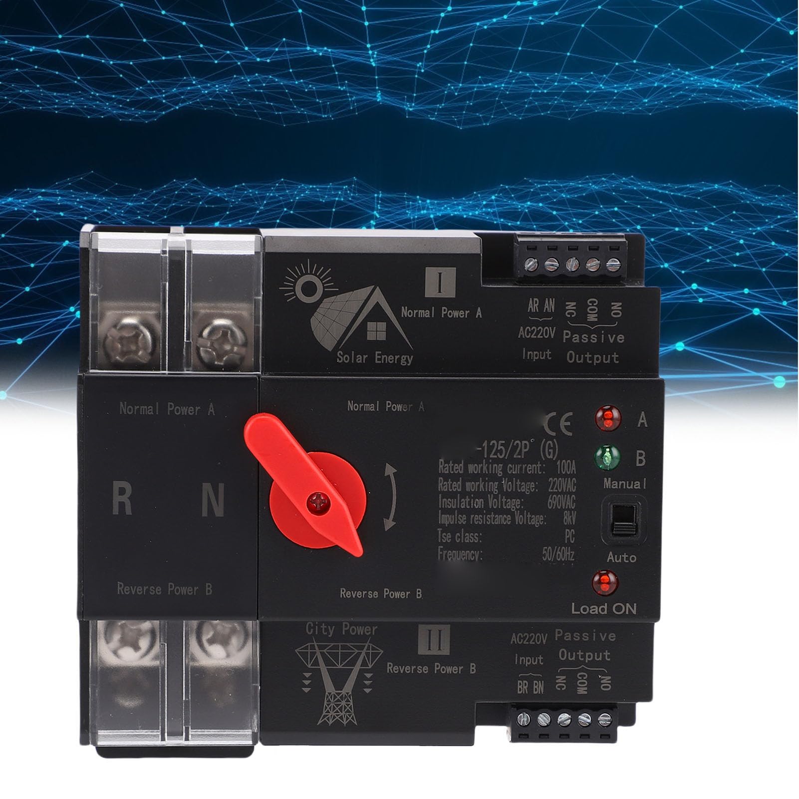 Tissting Interruptor De Transferencia Automática De Doble Potencia 2P 100A Sin Interrupción - Controlador De Palanca Montaje En Rail DIN 35mm