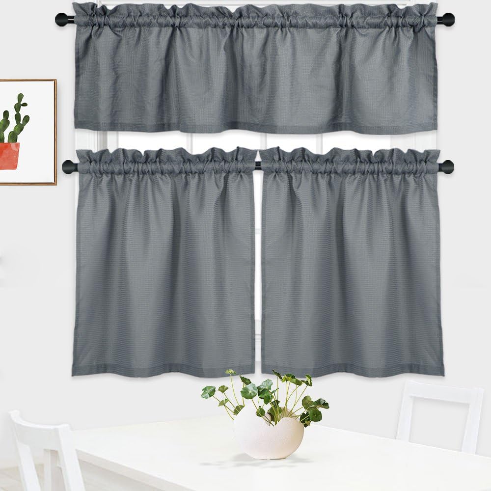 NANAN 3 Pieces Tier Curtains and Valance Set, Waffle Weave Textured