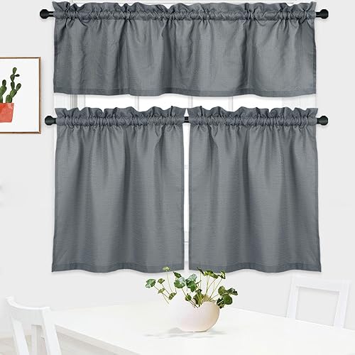 NANAN Juego de 3 cortinas y cenefas de cocina de 30 pulgadas de largo, cortinas de baño impermeables para tratamiento de ventanas, tejido gofre,