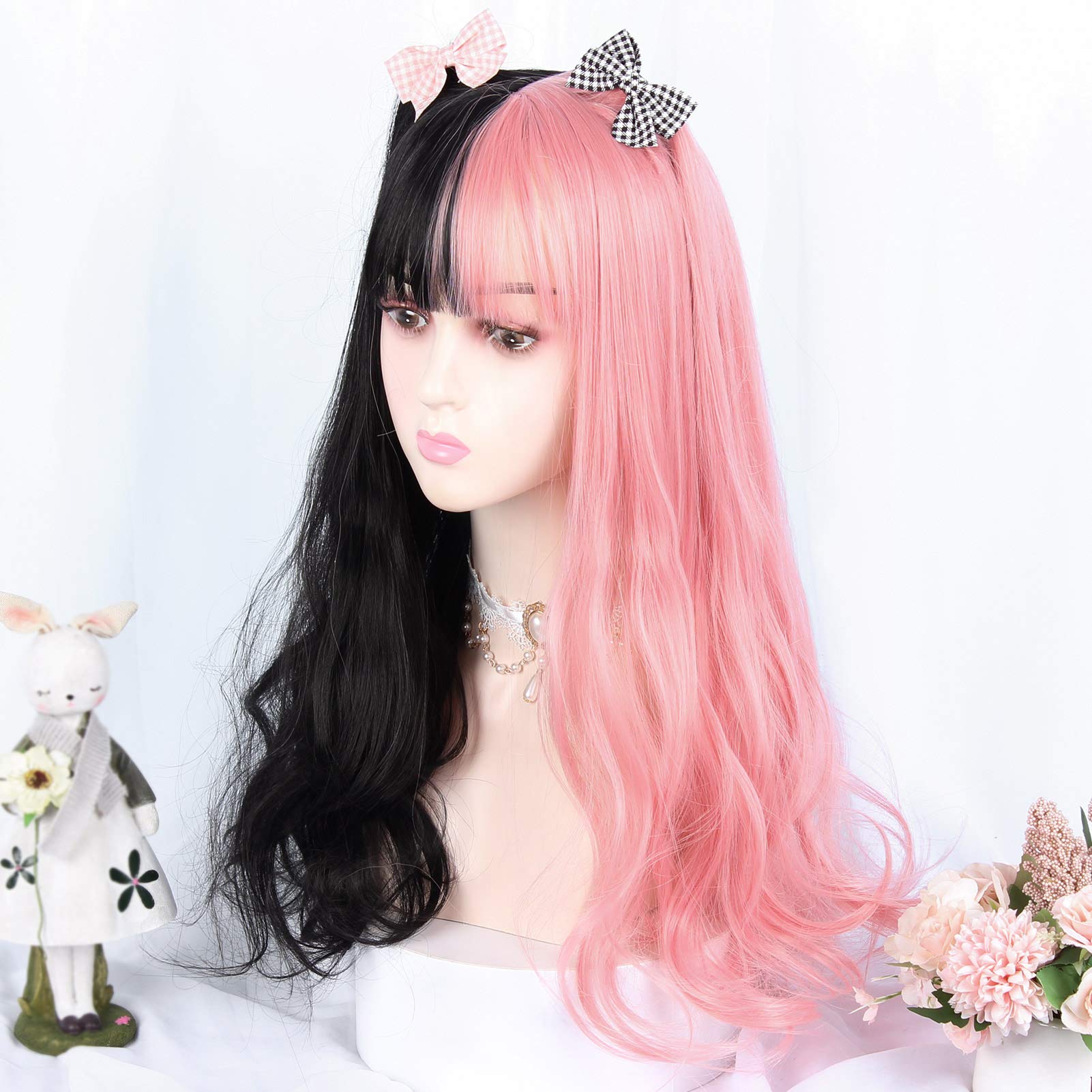 Sulika 24” 2 tone pink&Blk cutesy cosplay wig +NWT Half Pink Half Black Wavy Wig For Anime Cosplay Adjustable  main image 3