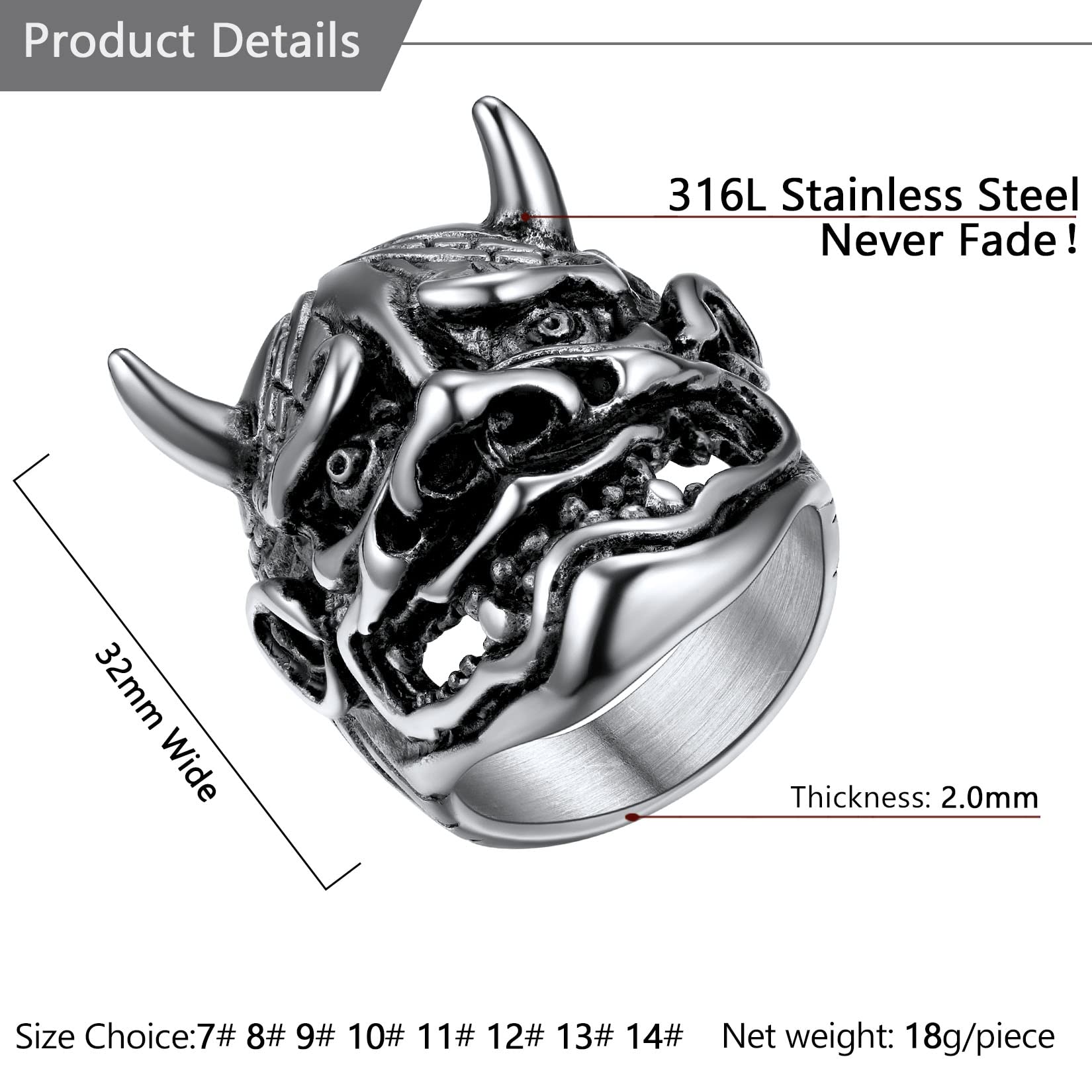 U7 Anillos Plateados de Diablos Acero Inoxidable 316L Talla 9 Joyería Gótica Punk para Halloween Anillos Cúbicos Cabezas Cráneos Esqueléticos Regalo Aniversario