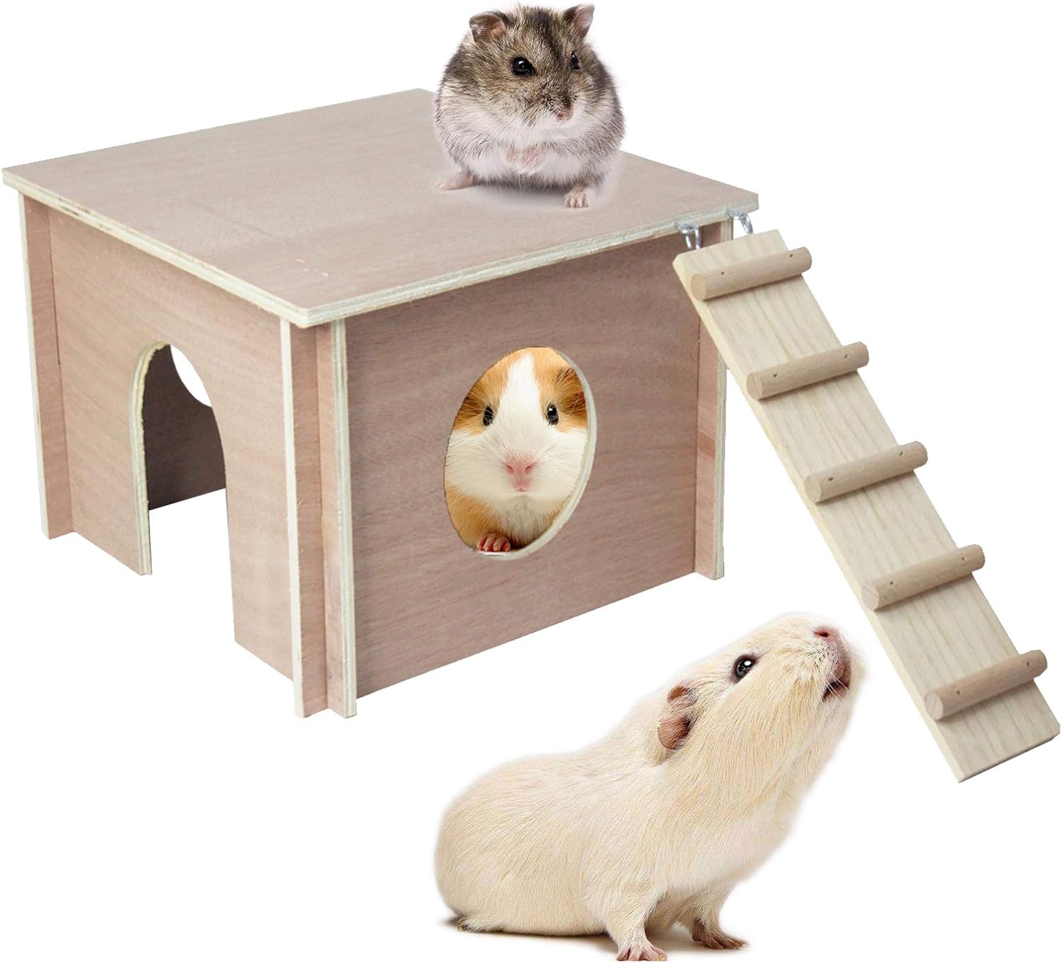 PINVNBY Guinea Pig Hideout Chinchilla Wooden House Hut with Windows Natural Handcrafted Detachable Small Animal Hideout Hut for Hedgehog…