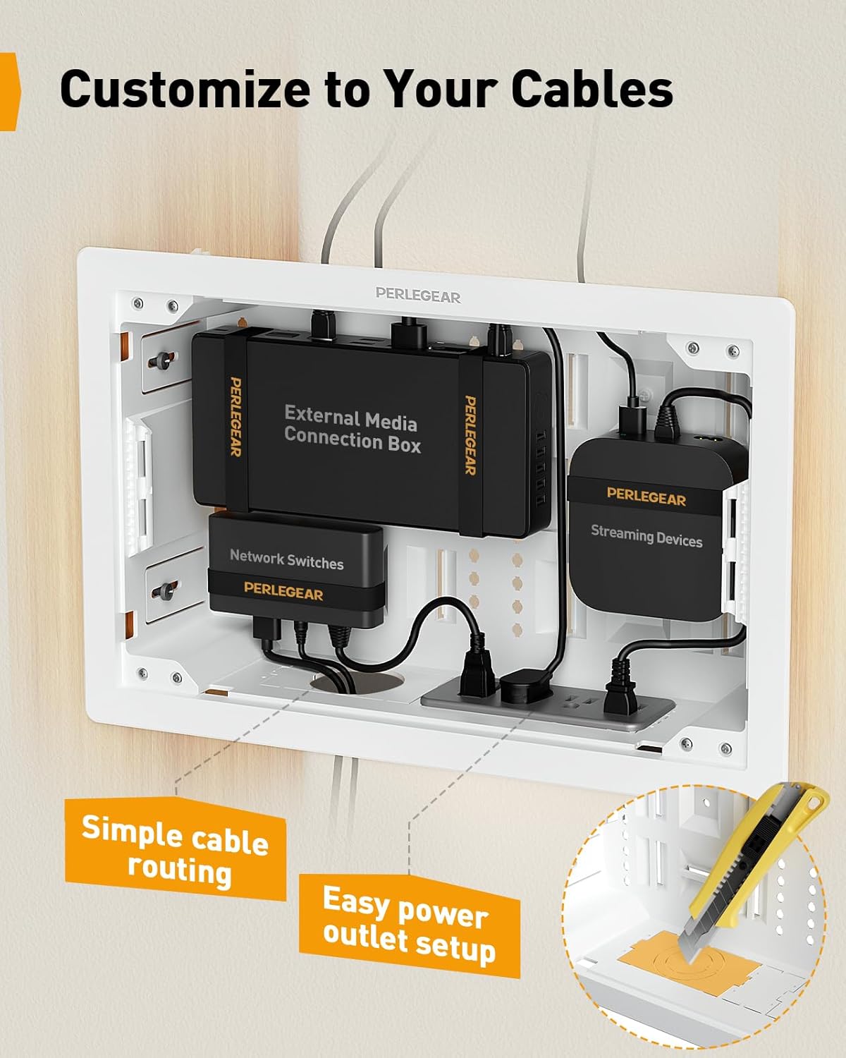 Perlegear 9″ in-Wall Media Box, Electrical Box, Recessed Outlet Box and Media Enclosure for One Connect Box & Network Switches, Cable Management Kit with Cutting Template, Dust Bag & Drywall Saw