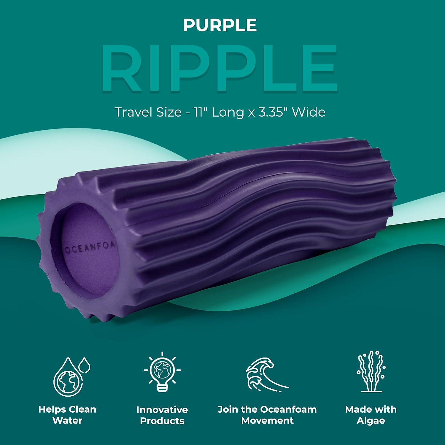 Oceanfoam Ripple Travel Foam Roller (11" x 3.35") Firm Mini Foam Roller for Physical Therapy, Deep Tissue Massage, Back Pain - High Density, Ergonomic Wave Textured - Yoga, Pilates, Exercise (Seafoam)