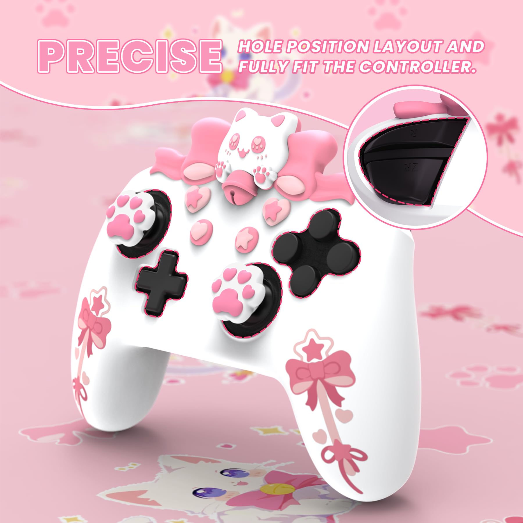 PlayVital Funda de Silicona para Nintendo Switch Pro - Carcasa Protectora Antideslizante con Tapas de Joysticks y Pegatinas Decorativas, Diseño Sweetheart Kitty (Blanco)