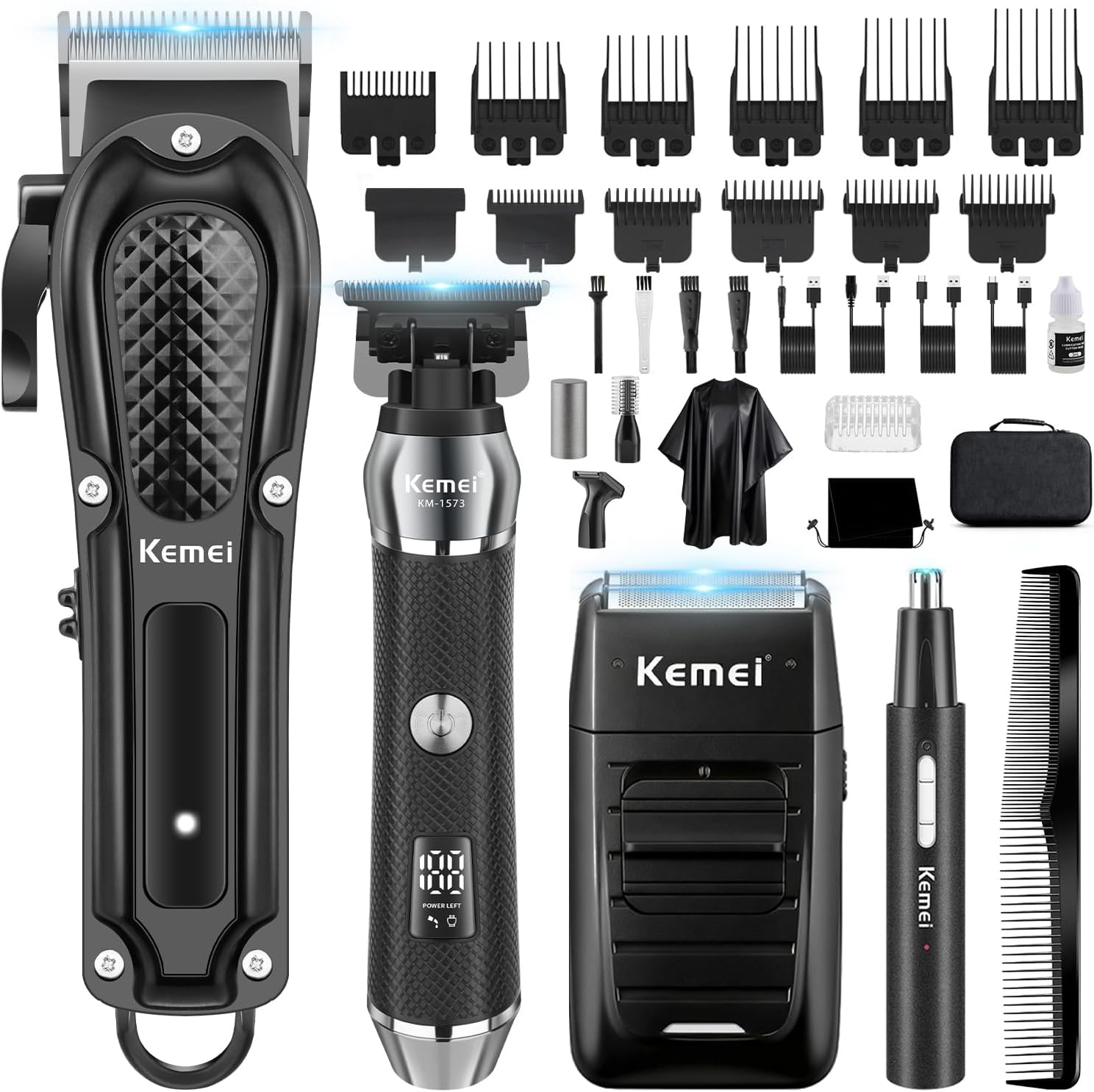 KEMEI Professional Hair Clippers for Men, Cordless Barber Clipper Beard Trimmer Foil Shaver Nose Eyebrow Ear Trimmer Set, USB Charging Complete Electric Hair Cutting Grooming Kit with 11 Guide Combs