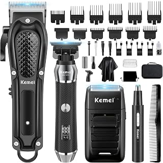 KEMEI Cortapelos profesional para hombres, cortadora de barba, recortadora de barba, afeitadora de aluminio, juego de recortadora de nariz, cejas, orejas, carga USB, kit completo de aseo eléctrico