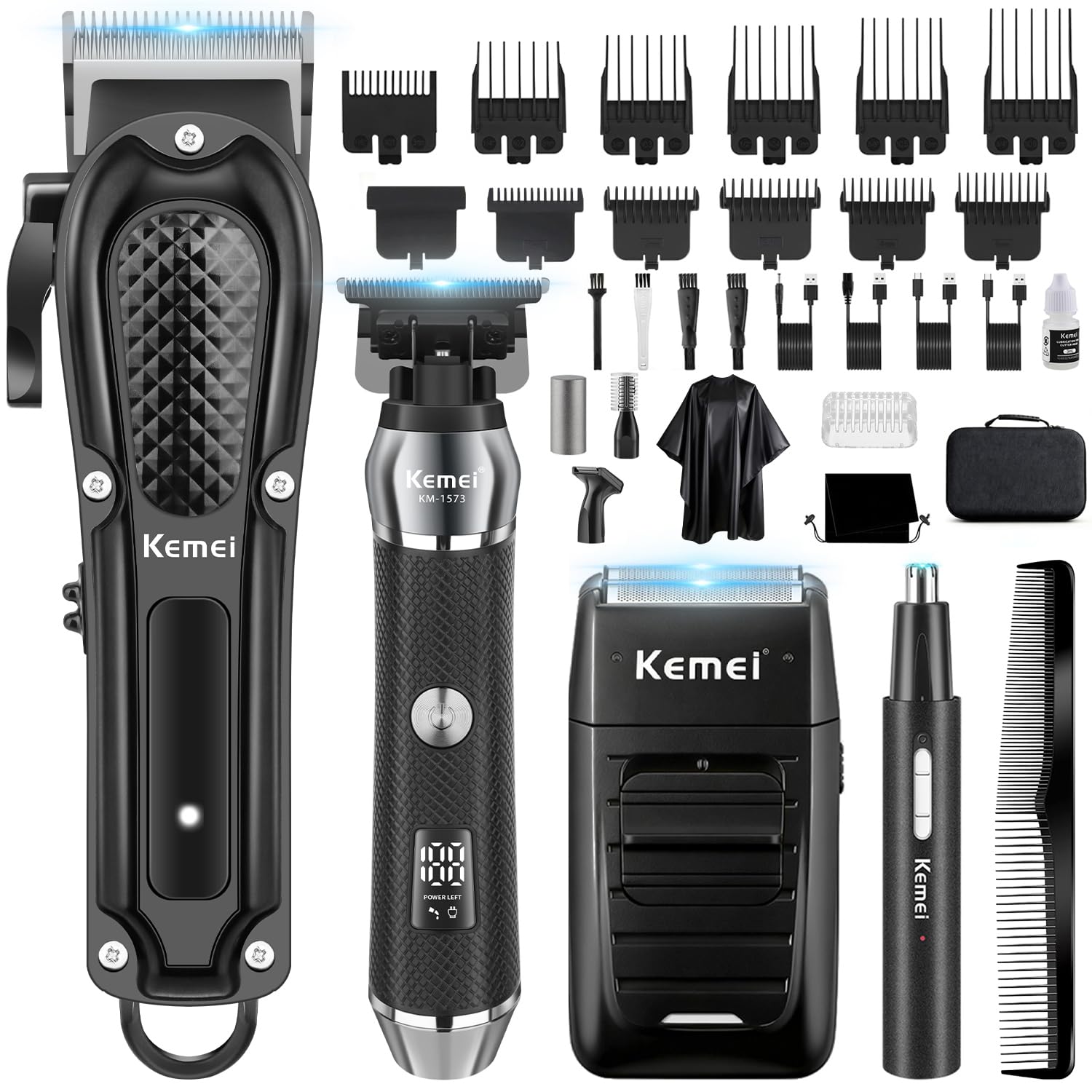 KEMEI Tagliacapelli professionale da uomo, senza fili, rasoio da barbiere, rasoio in lamina per naso, sopracciglia, orecchie, set completo di ricarica USB, kit elettrico completo per la cura dei