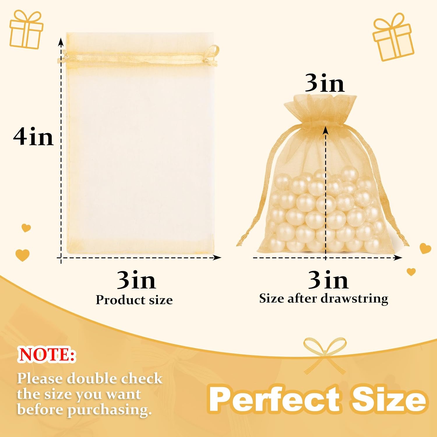 Crweety 50 Pcs Organza Bags 3x4, Gold Small Mesh Gift Bags Drawstring Bulk image 2