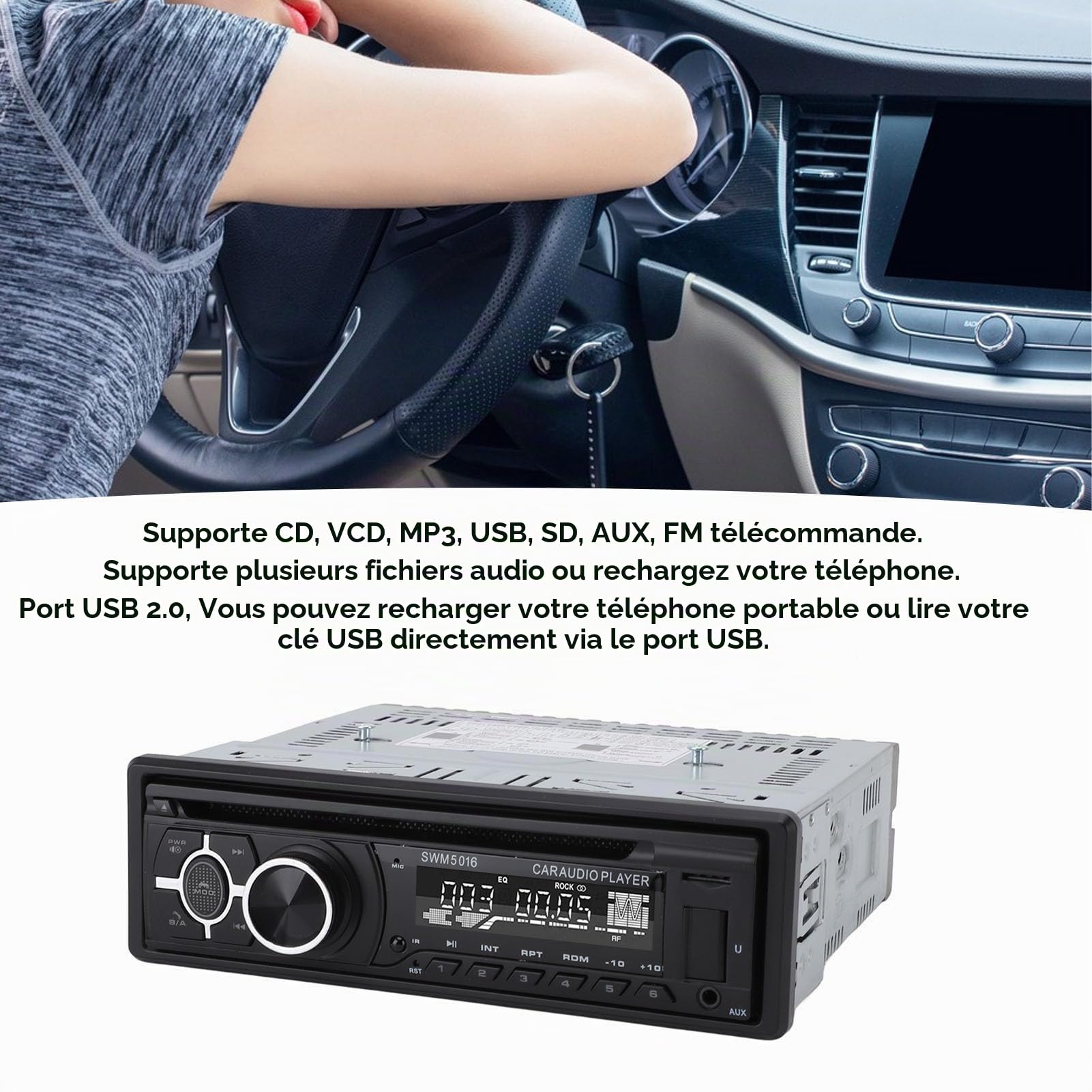 Autoradio avec Lecteur CD/DVD, Lecteur MP3, Récepteur Radio FM de Voiture à Chargement USB avec Télécommande, Autoradio Bluetooth CD