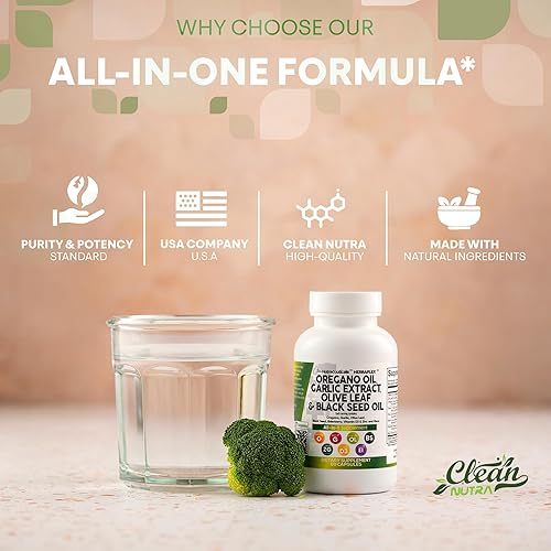 Miniatura 7 de Clean Nutraceuticals Aceite de orégano 6000 mg de extracto de ajo 4000 mg de hoja de olivo 3000 mg de aceite de semilla negra 3000 mg - Suplemento