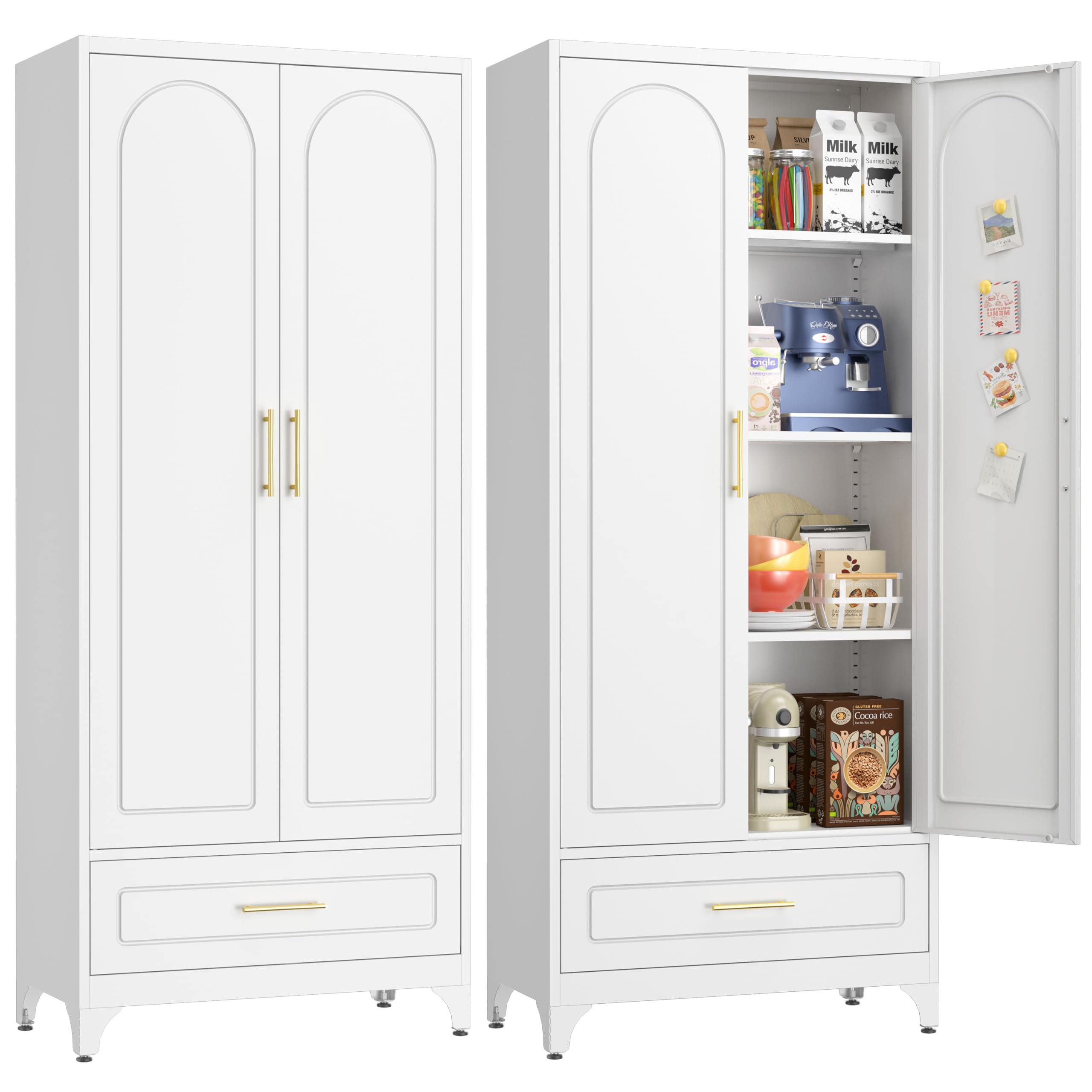 UNICOLY Pantry Kitchen Cabinet with Drawer, 75" Tall Pantry Storage Cabinet, Metal Storage Cabinets with Doors and Shelves, Large Freestanding