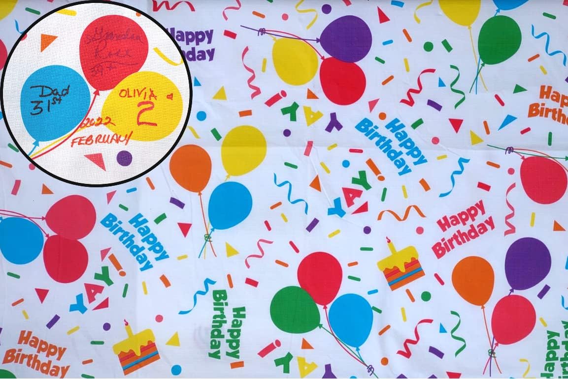 Happy Birthday Confetti and Balloon with Flannel Backing (60 x90 Oblong) White Blue Yellow Red Green Purple Tablecloth with Flannel Back 60inchx90inch Oblong HB HBCollection