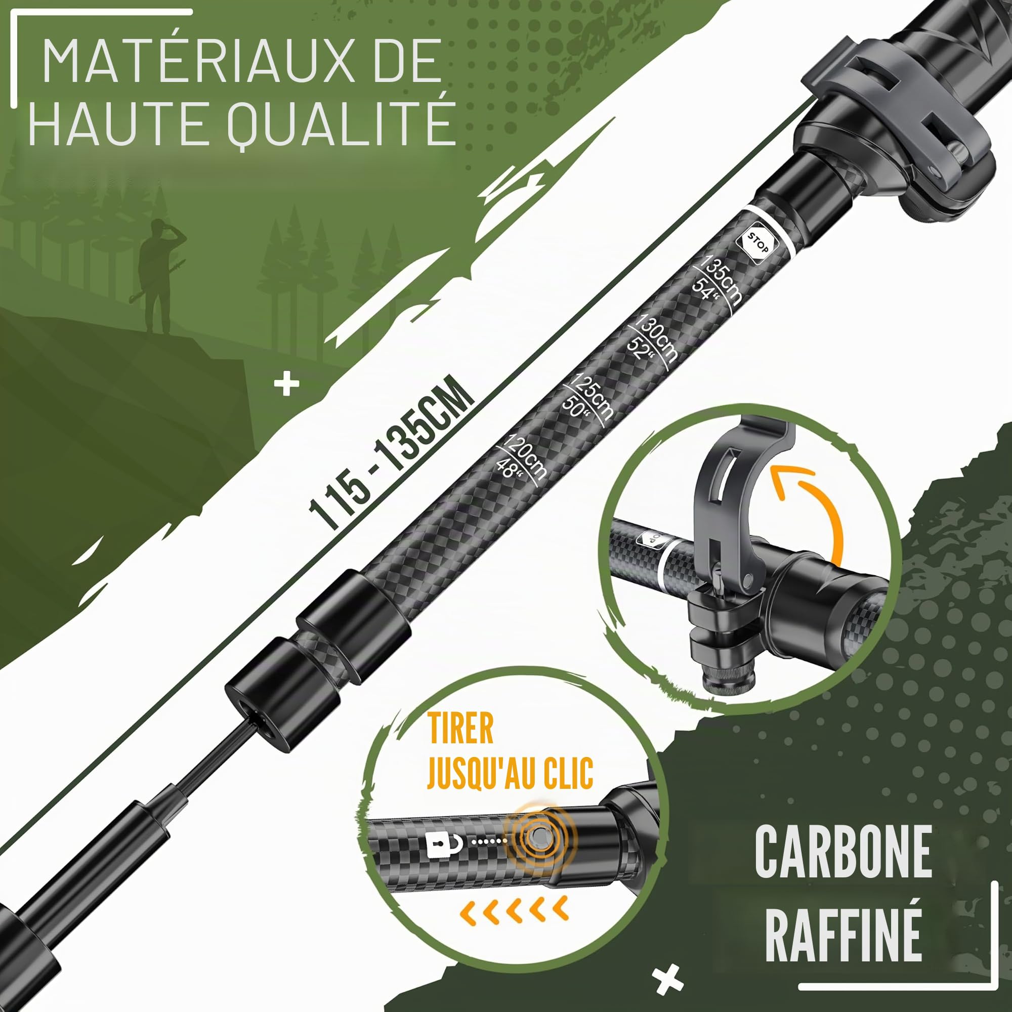 KESSER® Bâtons de randonnée pliables/télescopiques | Bâtons de marche nordique pour homme et femme | Bâtons de randonnée en aluminium/carbone avec poignée en liège 105-120 cm | Bâtons de trekking pour