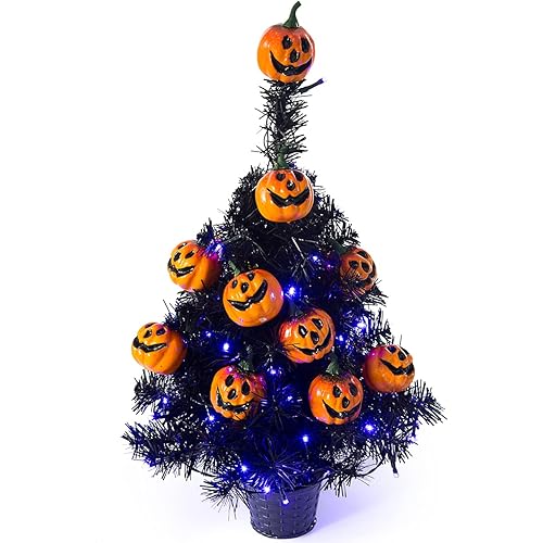 Sunnyglade 21.6” 30 LED Halloween Black Spooky Tree Glittered with Purple Lights & 12 Pumpkin Decorations,Battery Powered for Halloween Indoor Tabletop Decoration