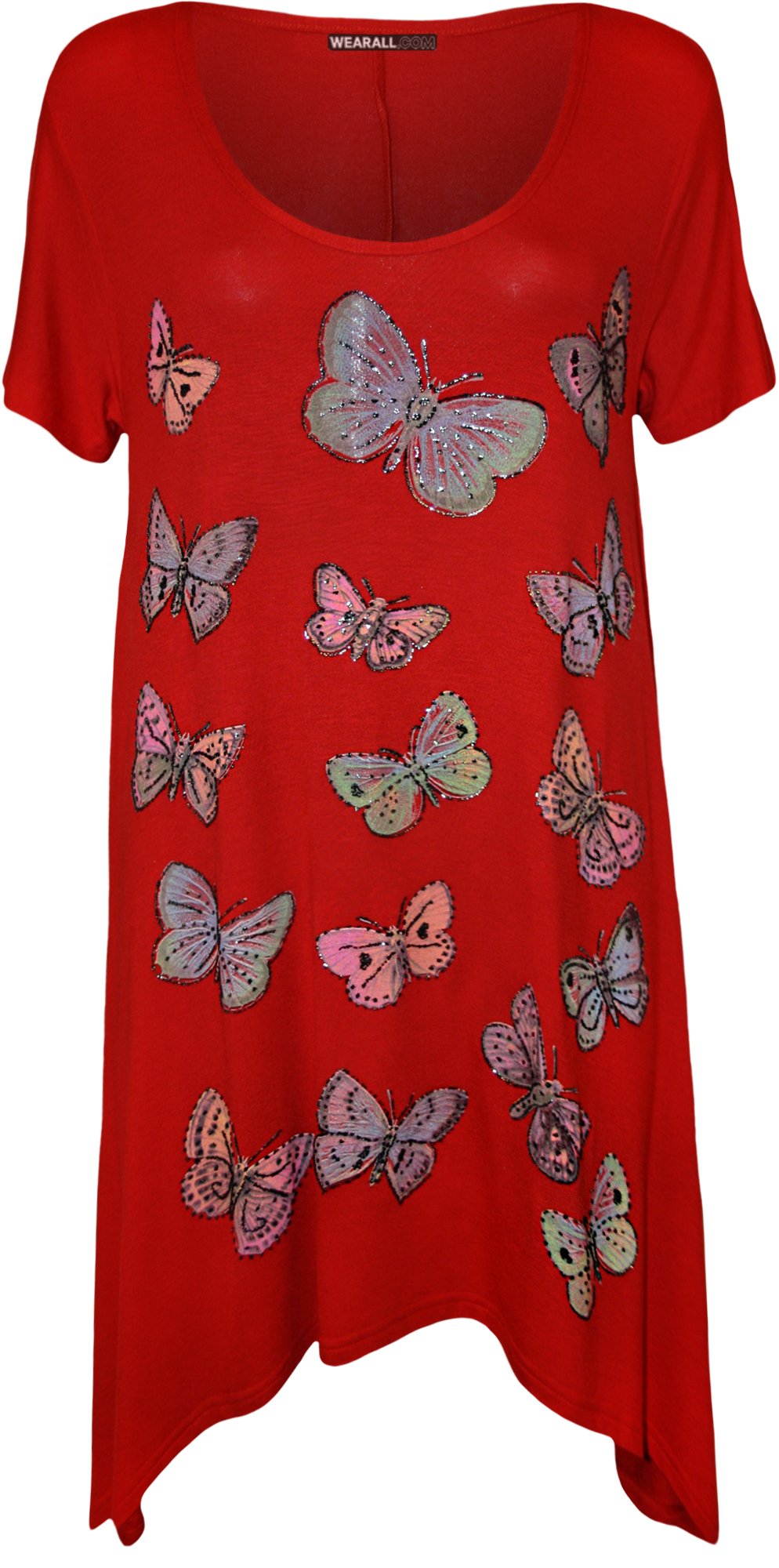 Wearall Women's Red Plus Size Butterfly Print Short Sleeve Hanky Hem T-Shirt Top - 22-24