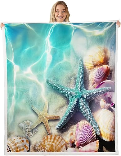Erosebridal Manta de forro polar con diseño de concha de estrella de mar, color verde azulado, manta de sherpa costera tranquila para niños y niñas,