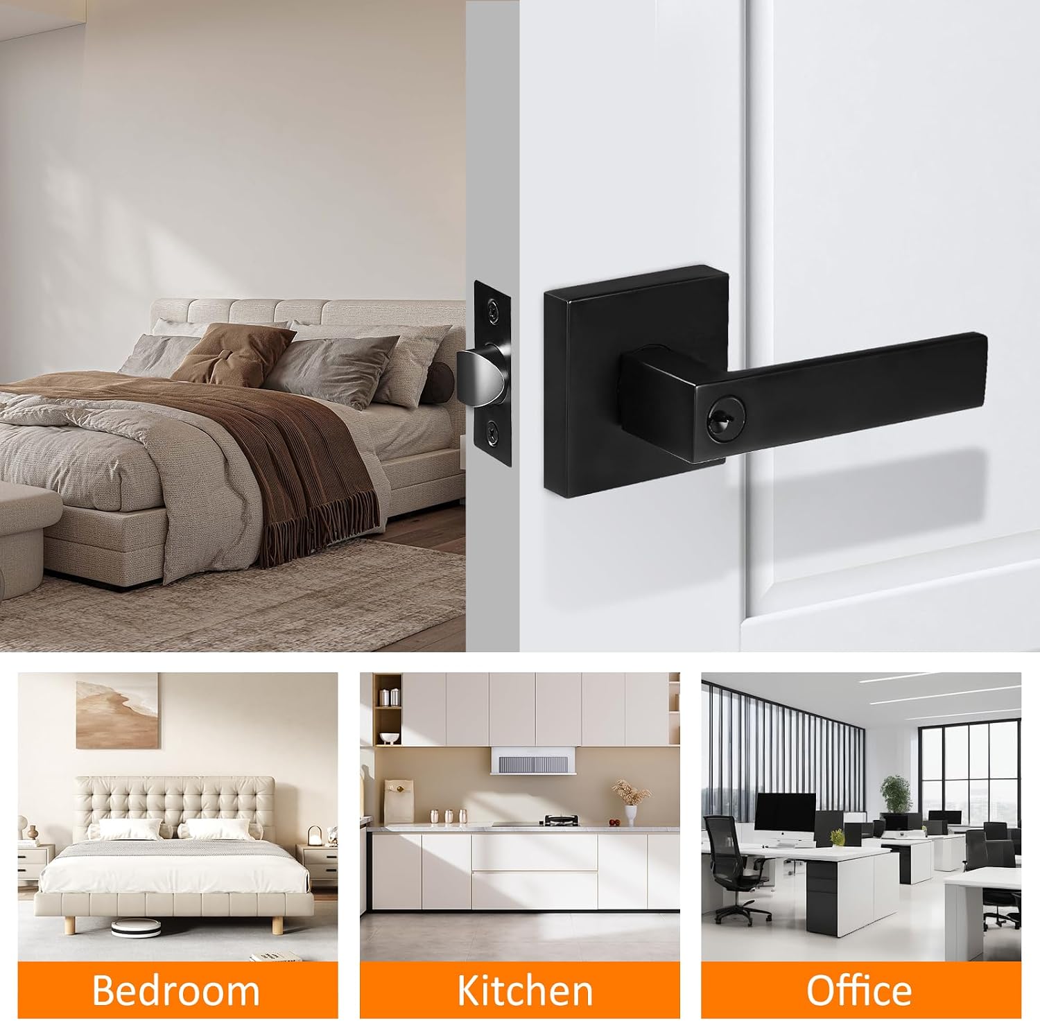 Matte Black Door Handle Heavy Duty Exterior Door Handle with Lock and Keys Reversible Square Door Lever Door Knob with Lock Door Lever for Bedroom, Bathroom, Rooms(Keyed Entry, 1 Pack)