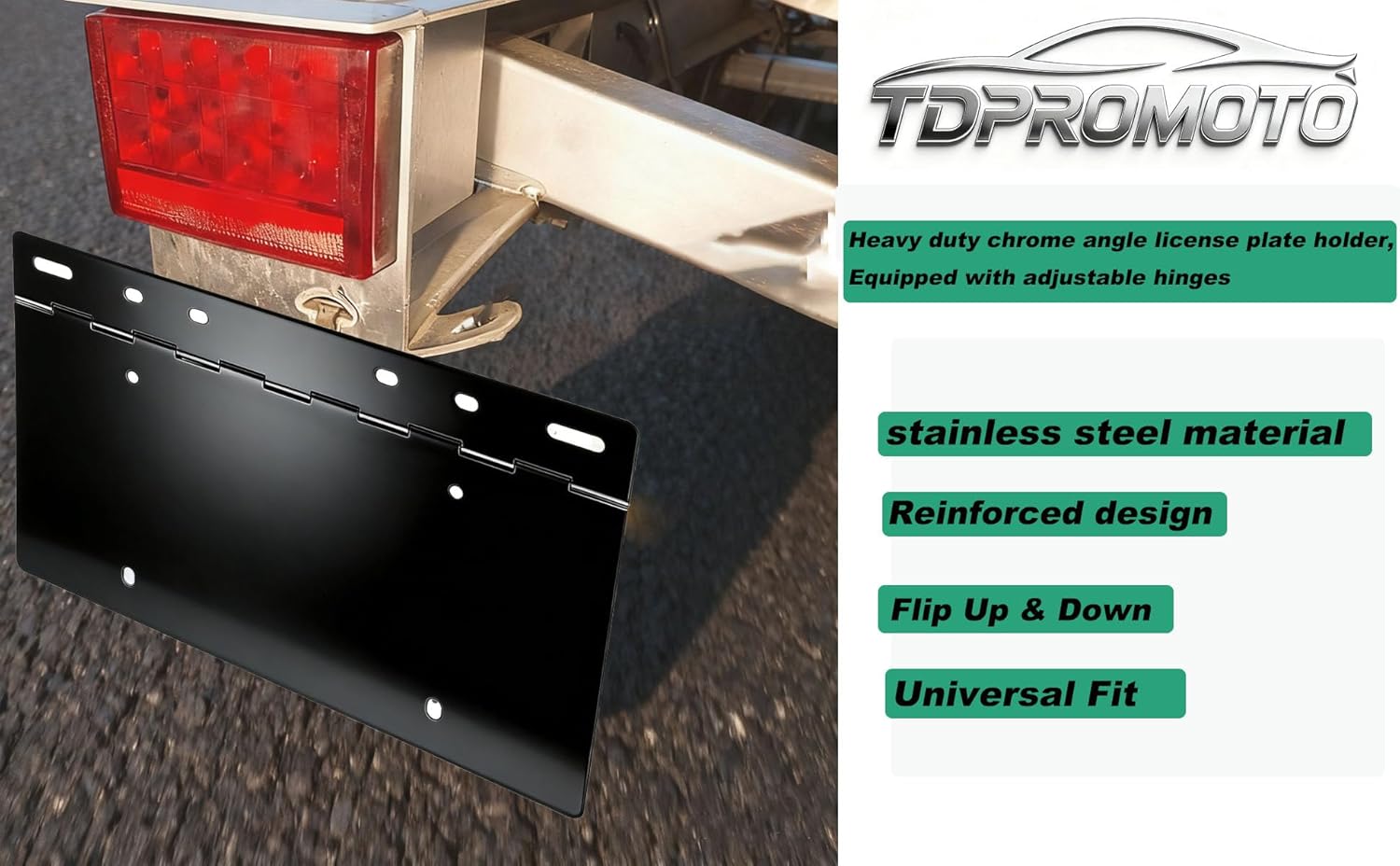 TDPRMOTO 10511 Heavy-Duty Chrome Angled License Plate Holder with Adjustable Hinge, Steel Construction for Truck/Trailer/Semi Truck/Classic Car – (304 Stainless Steel) (black-1pack)