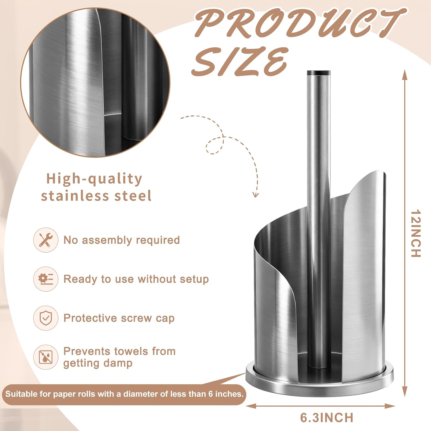 Stainless Steel Mountain Paper Towel Holder Countertop with Modern Spiral Cover Stand for Kitchen Roll Organize Freestanding Easy One-Handed Operation for Kitchen Bathroom Dining Table