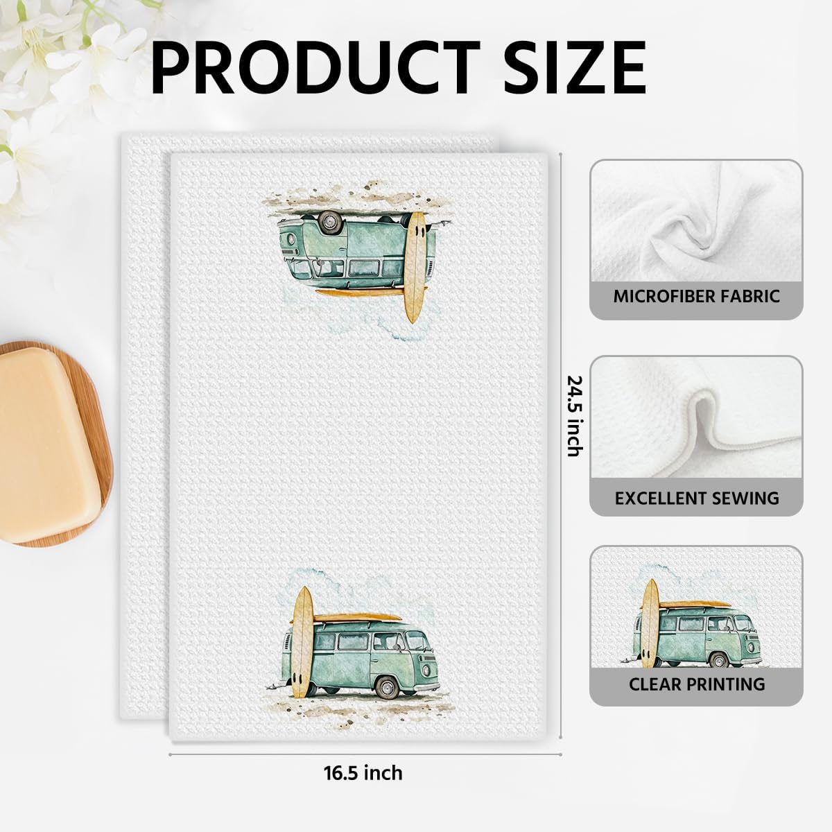 2 Pcs Beach Surfing Camper Kitchen Towels Nautical Ocean Dish Towels Summer Coastal Surfing Gifts Tea Towel Beachy Palm Tree Surf Board Decorative Hand Towel for Bathroom Kitchen, 14x24 Inches