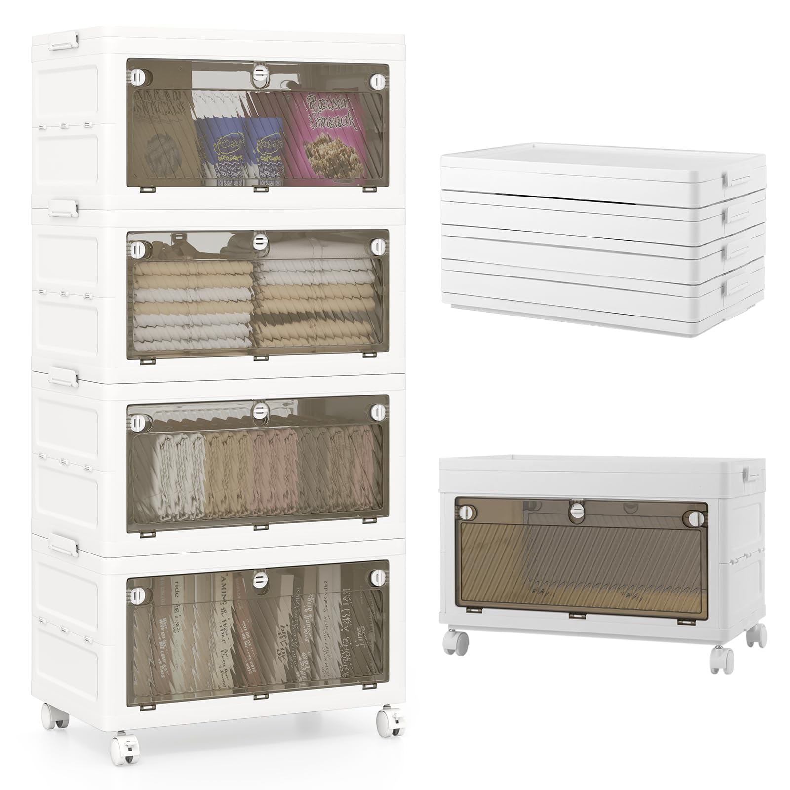 GOPLUS Caja de Almacenamiento Plegable con Tapa 126 L/168 L, Cajones de 3 Vías de Apertura, Organizador Apilable con Ruedas para Dormitorio Guardarropa, Almacenaje para Ropa Zapatos (4 Niveles)