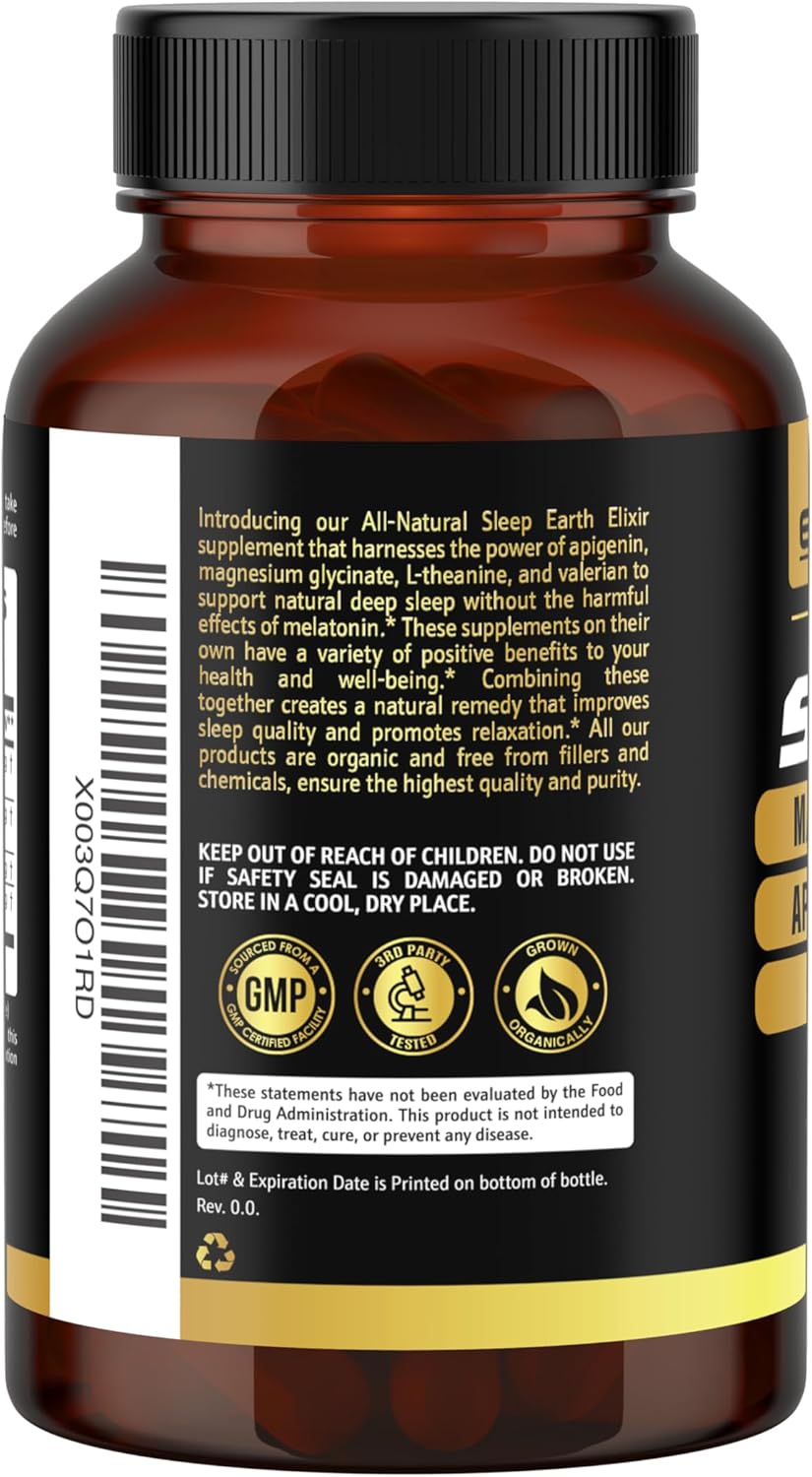 Earth Elixir 4-in-1 Sleep Aid (120 Caps) w/Apigenin 50mg, Magnesium Glycinate 200mg, L Theanine 200mg & Valerian Root for Sleep Aid 300mg | Apigenin Supplement for Sleep | Sleeping Pills - Image 9