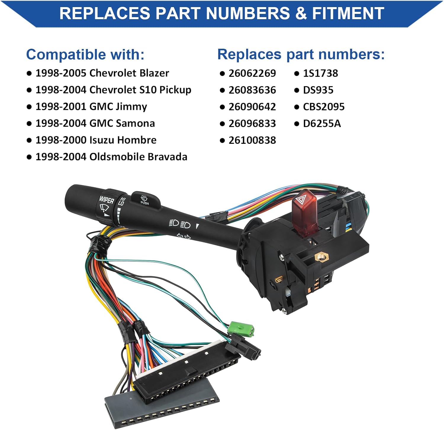 Obaee Turn Signal Switch Compatible with 1998-2005 Chevy Blazer GMC Samona Oldsmobile Bravada 1998-2004 Chevy S10 Pickup Multifunction Combination Lever Switches, OE 26062269, 26100838
