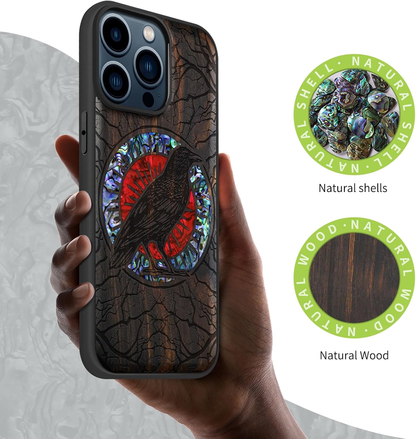 Carveit Wooden Case for iPhone 15 Pro Max Magnetic Case, Compatible with MagSafe Wireless Chargers, Shockproof Cover, Handmade Shell Inlaid & Wood Artisan Engraved (The Haloed Crow) Blackwood