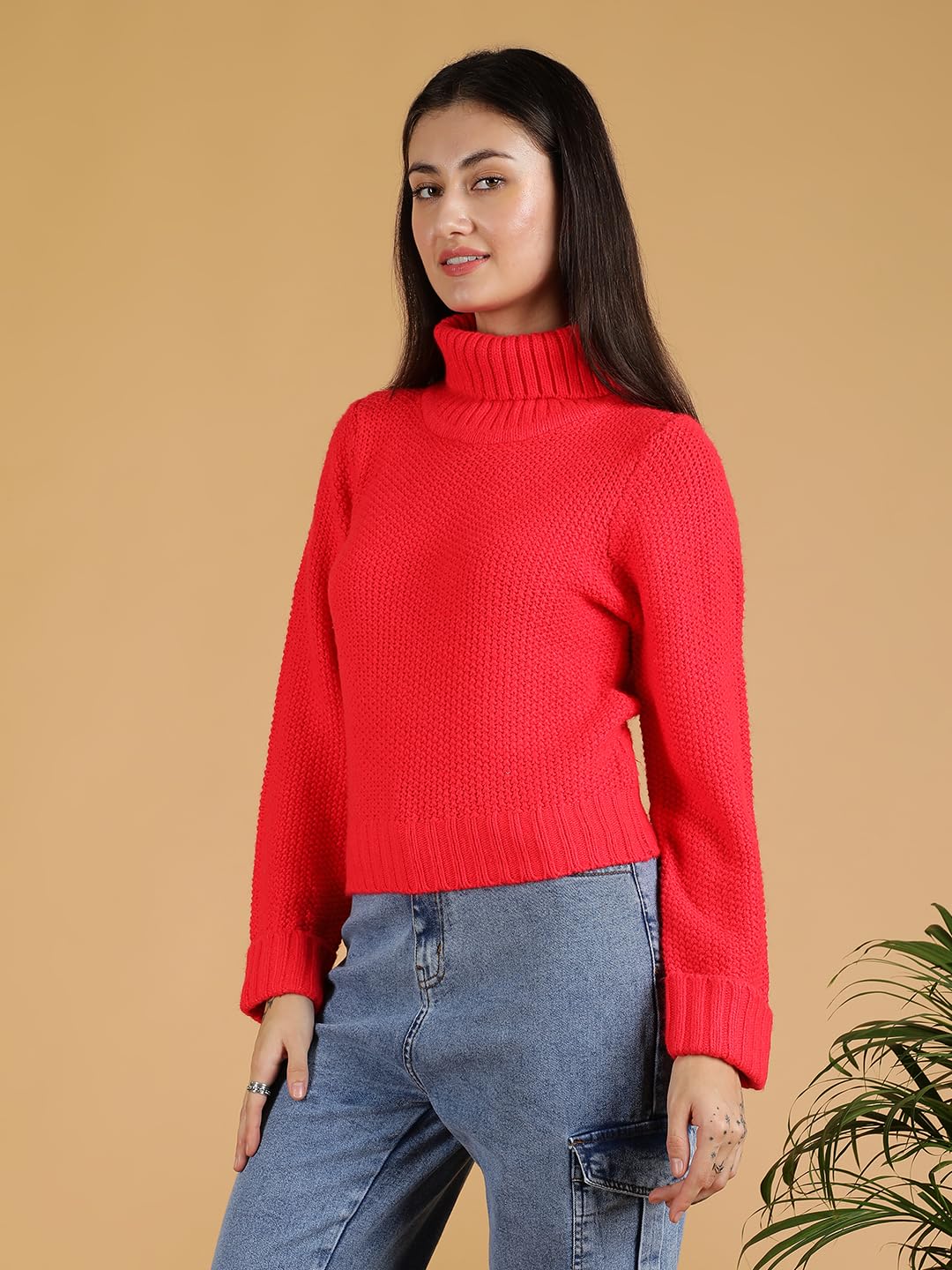 KOTTY Damski sweter z dzianiny z golfem, elegancki, dopasowany krój, zimowy sweter z solidnym wzorem