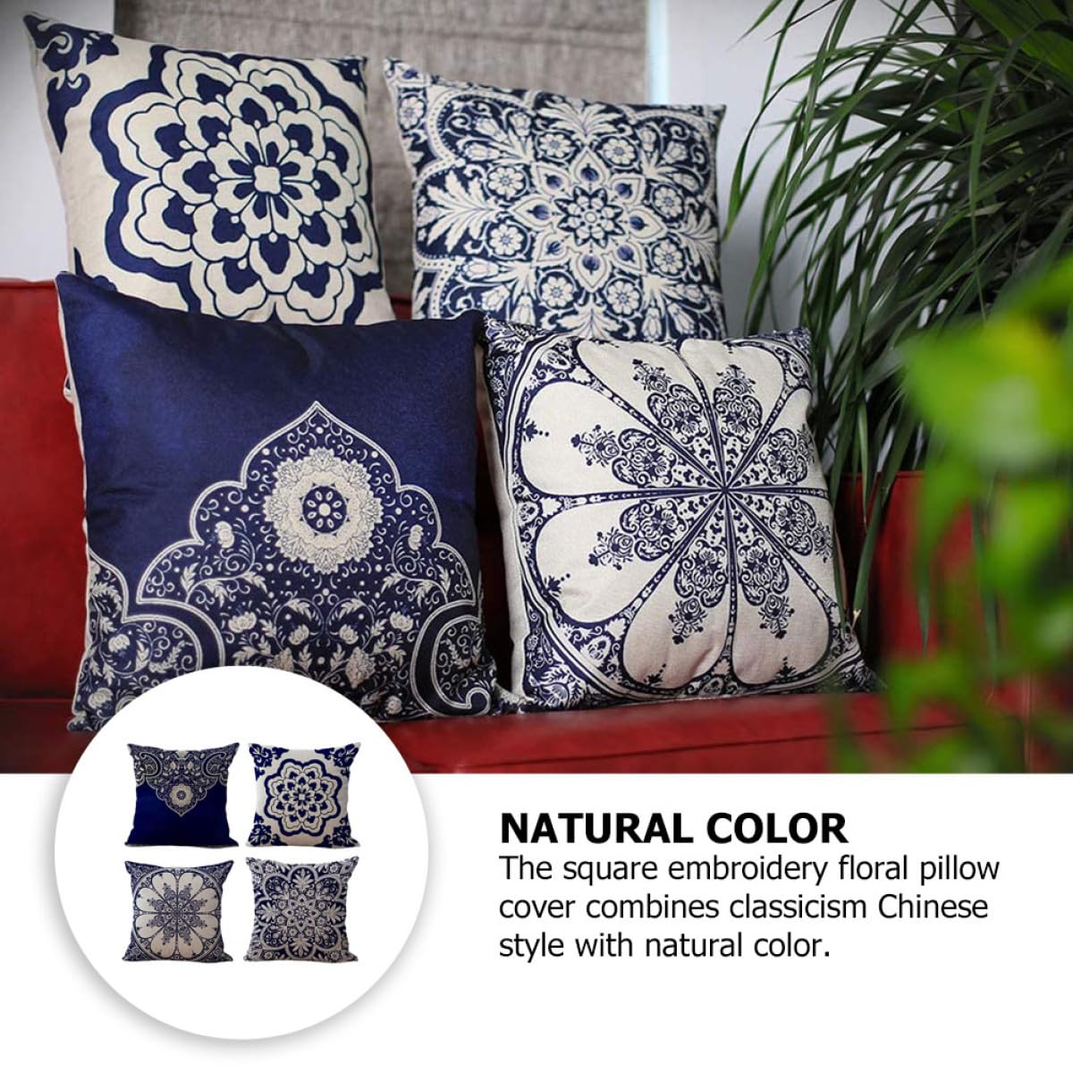 Set 4 Copricuscini in Lino Quadrati 45x45 Cm Motivo Floreale Stile Cinese, Federe per Cuscino Cerniera per Divano, Letto e Poltrona, Decorazione Casa e Ufficio