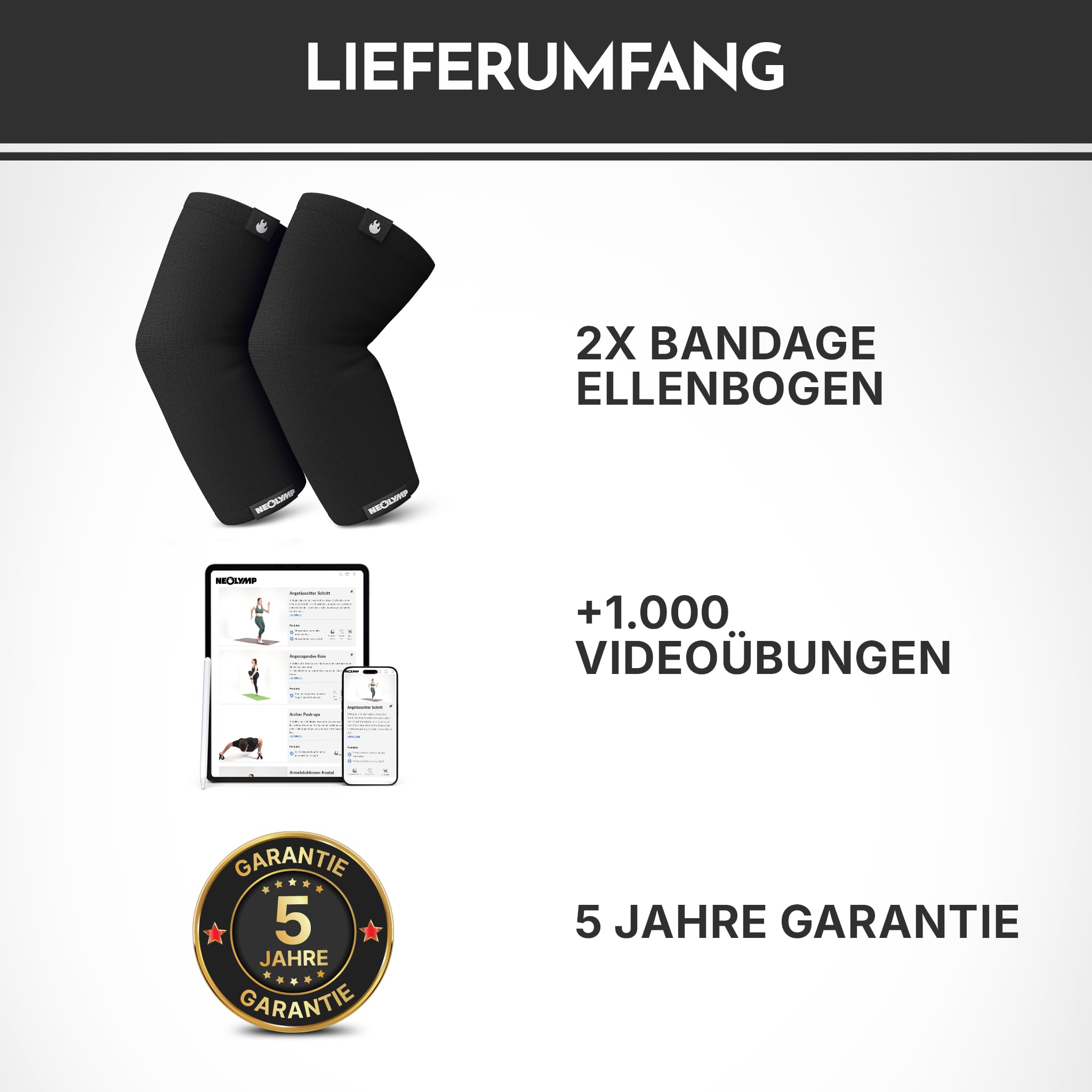 NEOLYMP Ellenbogenbandage Kraftsport – Kompressionsbandage für Bodybuilding, Tennisarm & Golferarm – Stabilität bei Dips & Push-Ups – Elastische Bandage (Schwarz, L | 31-36 cm)