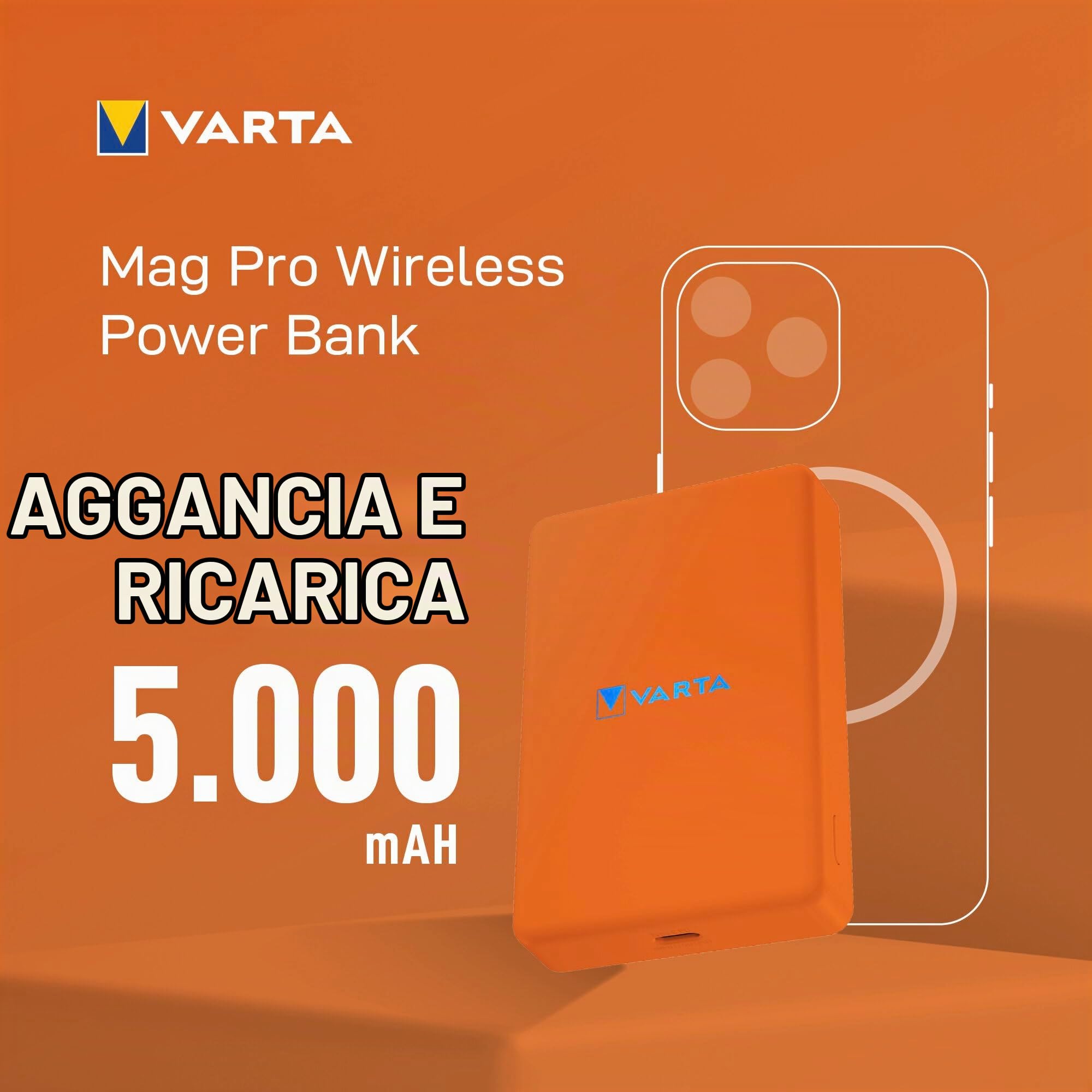 VARTA Power Bank 5.000mAh, powerbank magnetico, Mag Pro Power on Demand, caricabatterie portatile con USB C, compatibile con MagSafe e Qi Standard (per compatibilità con iPhone e Android), arancia | Power on Demand, ricarica wireless MagSafe e Qi, caricab