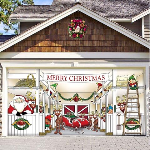 LifHap Christmas Holiday Banner Garage Door Decorations 6 x 13 ft Santa's Reindeer Barn Garage Door Murals Winter Large Door Cover Decoration Indoor Outdoor Christmas Holiday Backdrop Decoration Cover