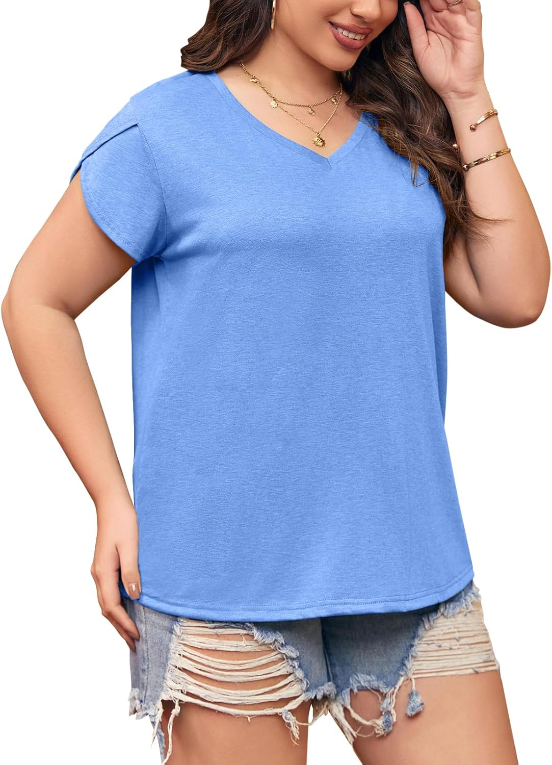 Womens Plus Size Tops V Neck T Shirts Casual Loose Petal Sleeve Tee Shirts - Image 4