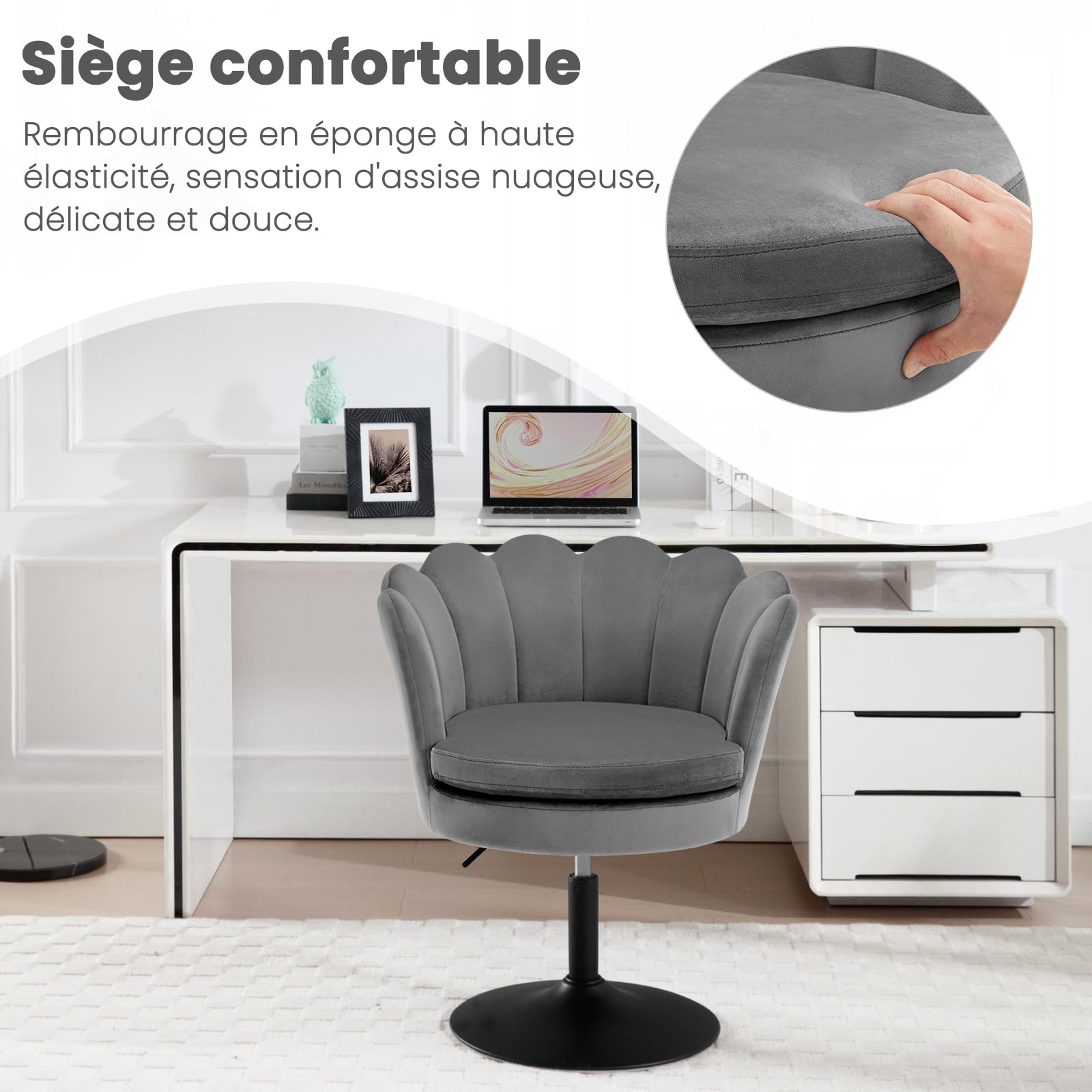 WOLTU Chaise de Coiffeuse, Fauteuil en Forme de Fleur avec Siège Rembourré, Pivotant 360°, en Velours pour Chambre à Coucher, Salon, Hauteur Réglable 43-55cm, Gris foncé, BH420dgr-