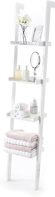 Ladder Leaning Bookshelf, Wooden with White Paint Finish, 4 Tiers - Sennen Range by Elegant Brands