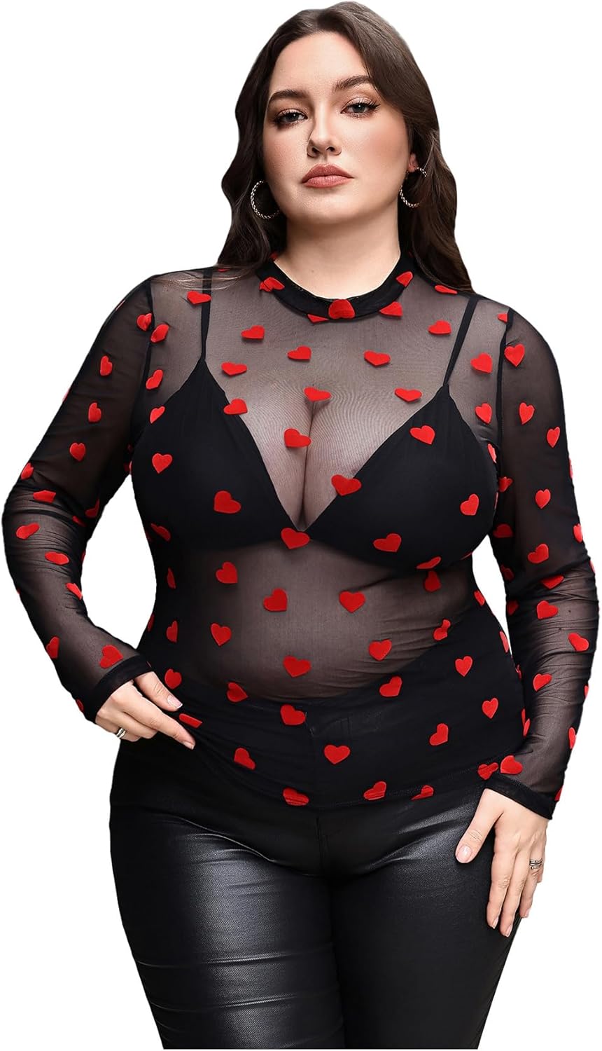 WDIRARA Women's Plus Size Floral Print Sheer Mesh Top Round Neck Long Sleeve Blouse