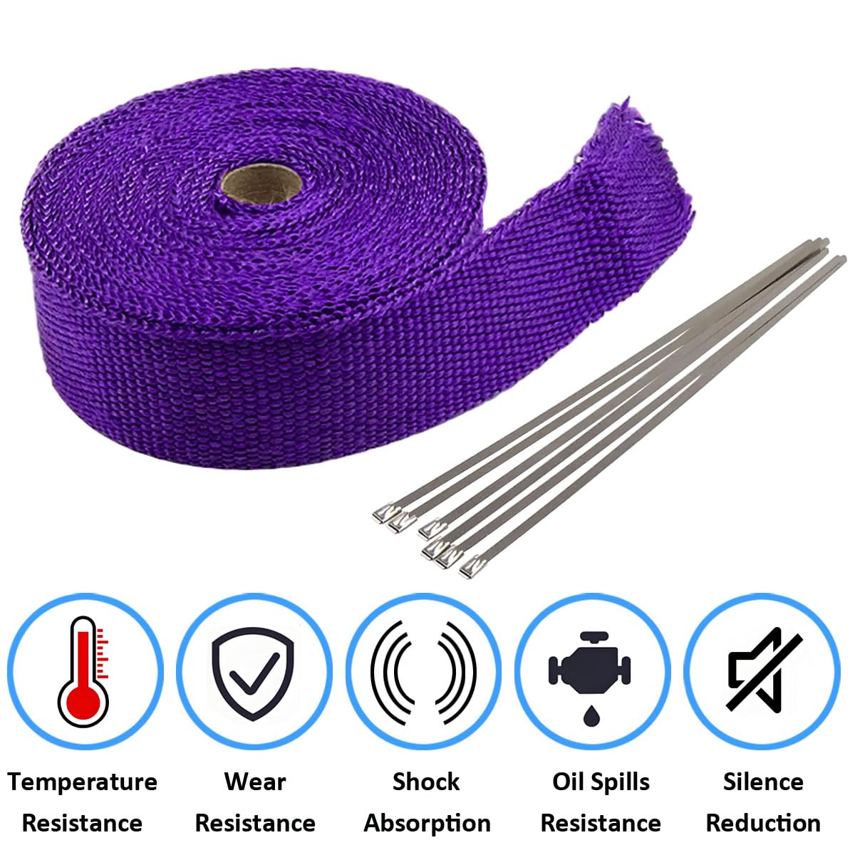 Cinta Anticalorica Para Escapes Cinta Aislante Térmica Coche Fibra de Vidrio Banda Aislante Anti Calor Protección Tubo Colector Escape Morado 5CM X 10M con 6 Bridas