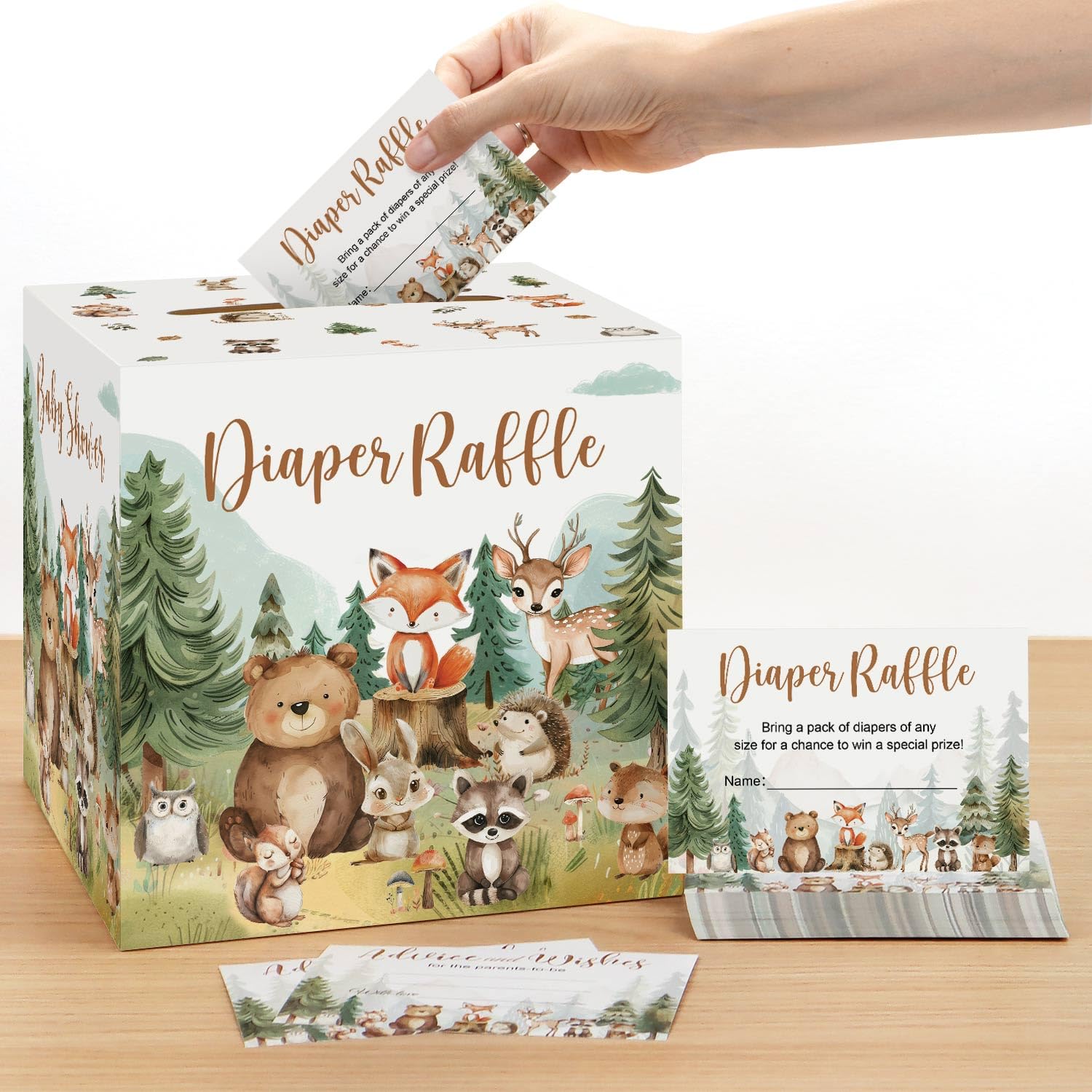 Woodland Baby Shower Decorations Diaper Raffle Box with 50 Tickets Cards for Boy Baby Shower Decorations, Forest Creatures Theme Baby Shower Ideas