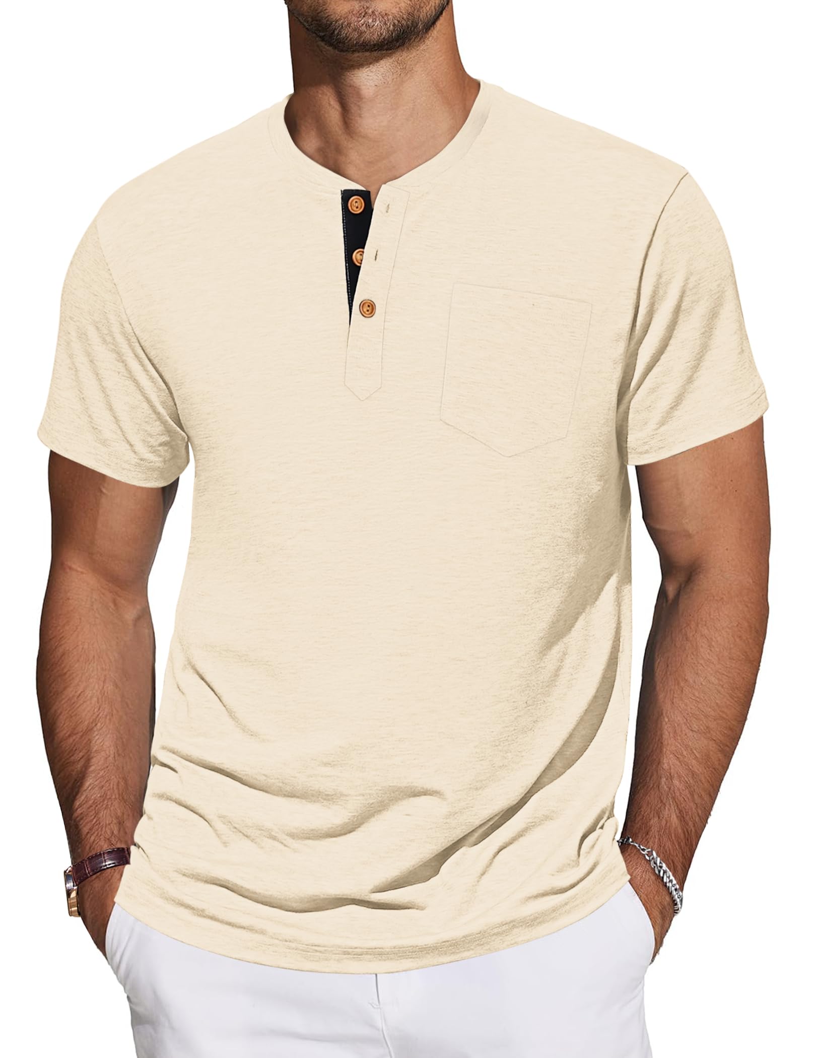 TARAINYA Henley T-Shirt Uomo Cotone Maglietta Maniche Corte Tinta Unita con Tasche Estate M-4XL