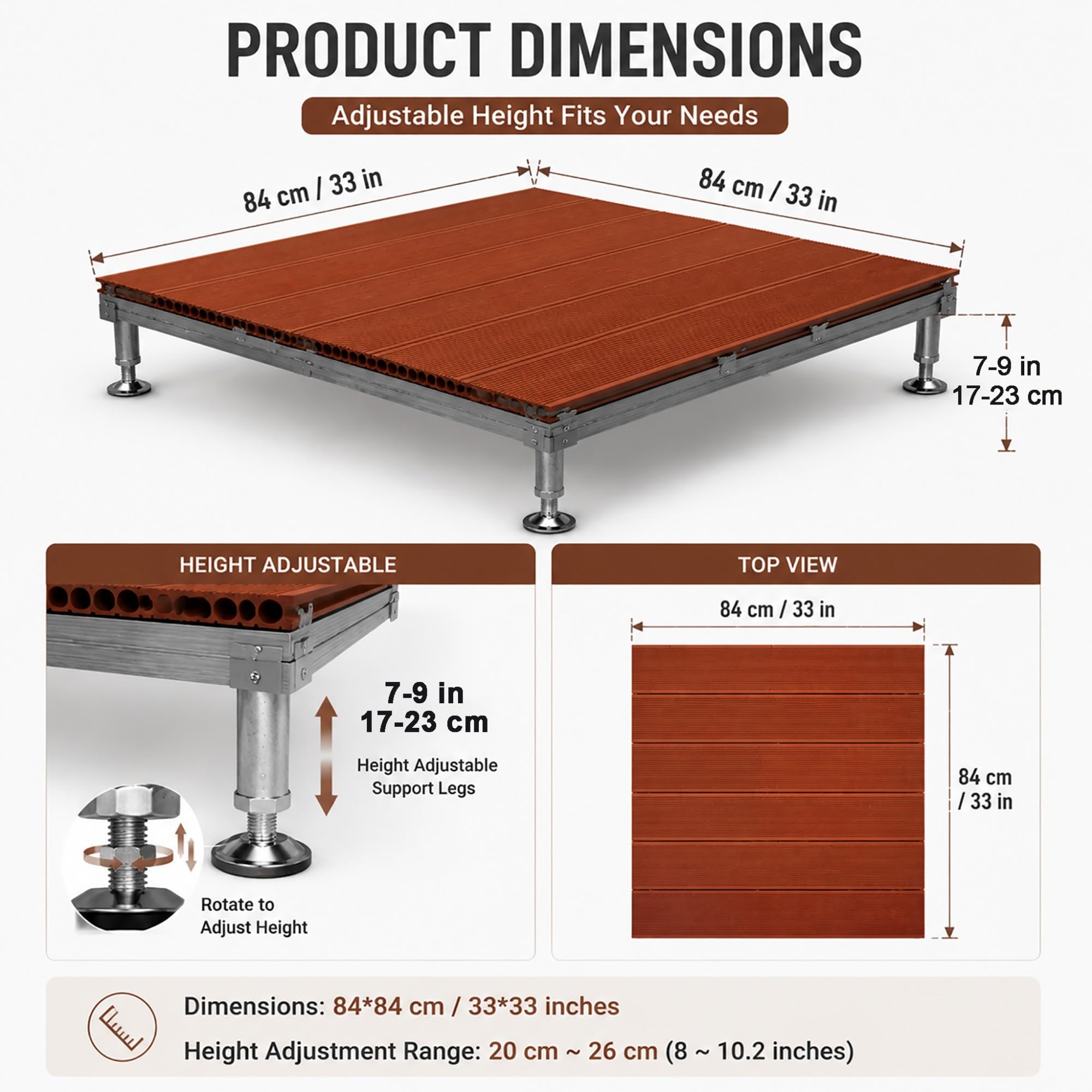 Piattaforma Modulare Rialzata da Patio, Pavimento Modulare in Composito | 84 x 84 cm, Superficie Antiscivolo, Piastrelle Impermeabili per Balcone, Patio e Portico